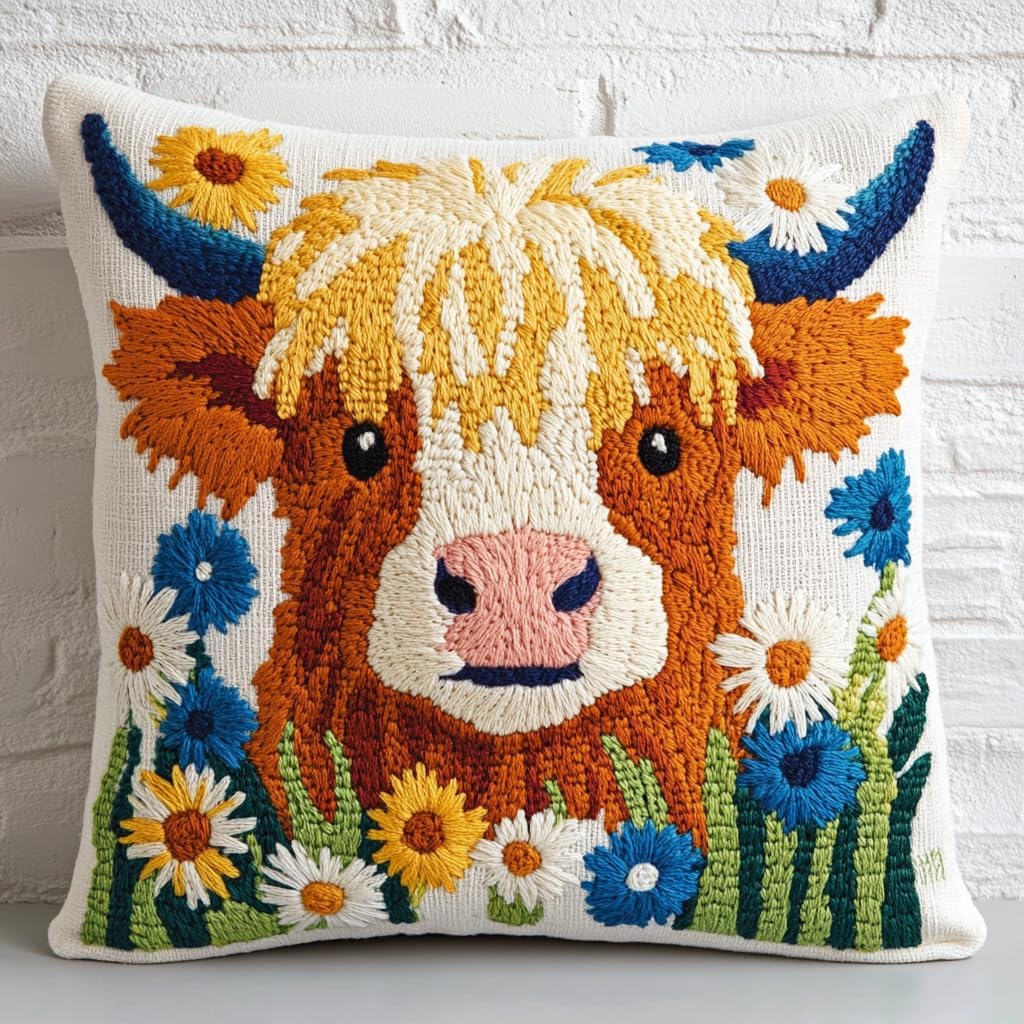 DIY Punch Needle Pillow Kit Cute Highland Cow Daisy Flowers with Pattern and Hoop Handmade Embroidery Punch Needle Starter Pillowcase Set for Home Sofa Decor 43x43cm-1-84