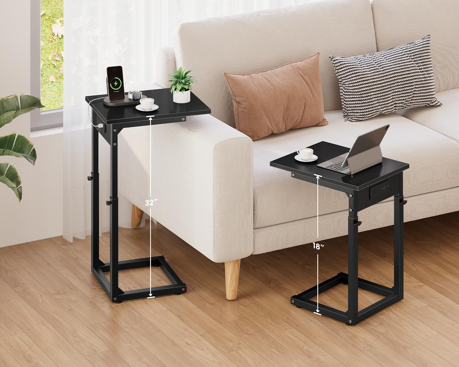 vagusicc c shaped end table with charging station, 33"tall c-table end table adjustable height side table for couch, couch table that slide under sofa table tv tray table for living room,bedroom,black 16"d x 12"w x 18-33"h charging station black