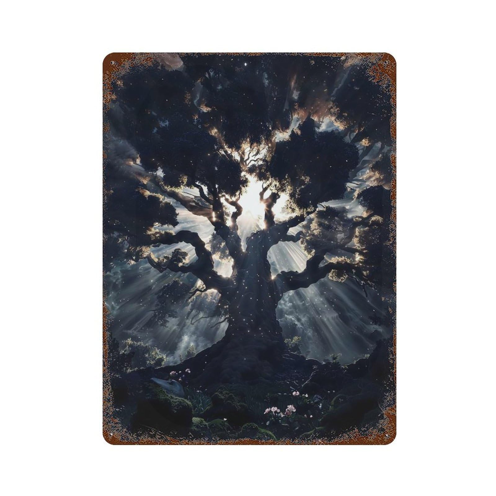 Weathered Tin Sign Enchanted Tree 15.7"x11.8", Rustic Home Decor for Bistro, Counter And Cafe Decor