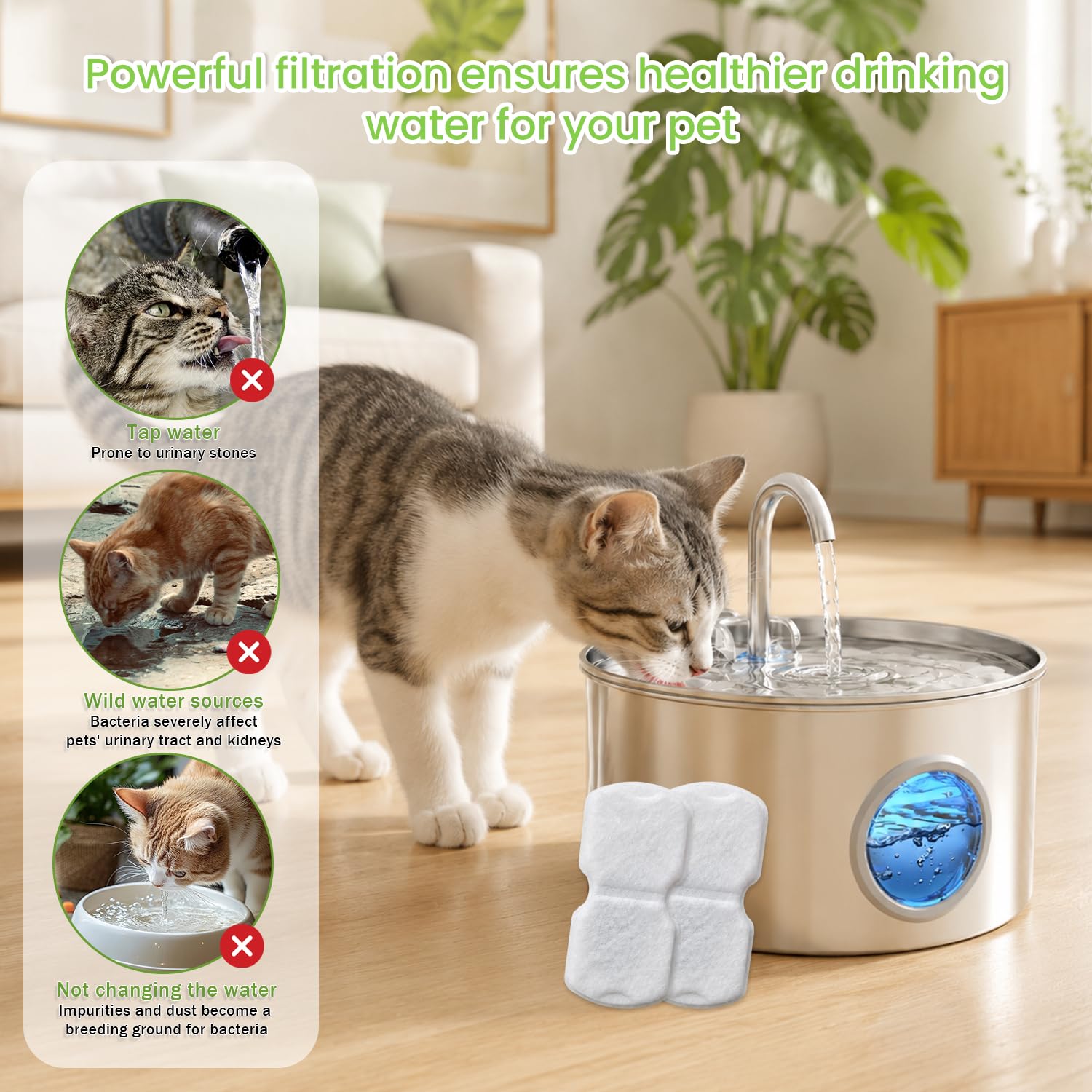 32 Stück Katzenbrunnen Filter, Ersatzfilterkartusche für Haustier Wasserspender Kompatibel Katzenbrunnen aus Edelstahl Katzen Wasserspender Brunnenfilter, 16 Kohlefilter + 16 Schaumfilter