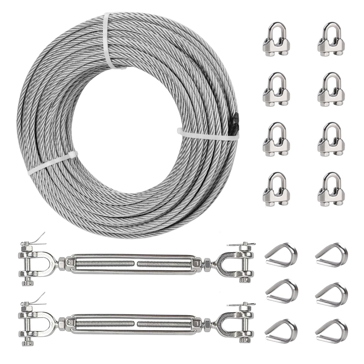 Fologtoo 100FT 3/16" Wire Rope Kit, Stainless Steel Cable with 2 Pcs 1/4 Turnbuckle, Clamp & Thimble, 3700lbs Breaking Strength, 7x19 Strands Heavy