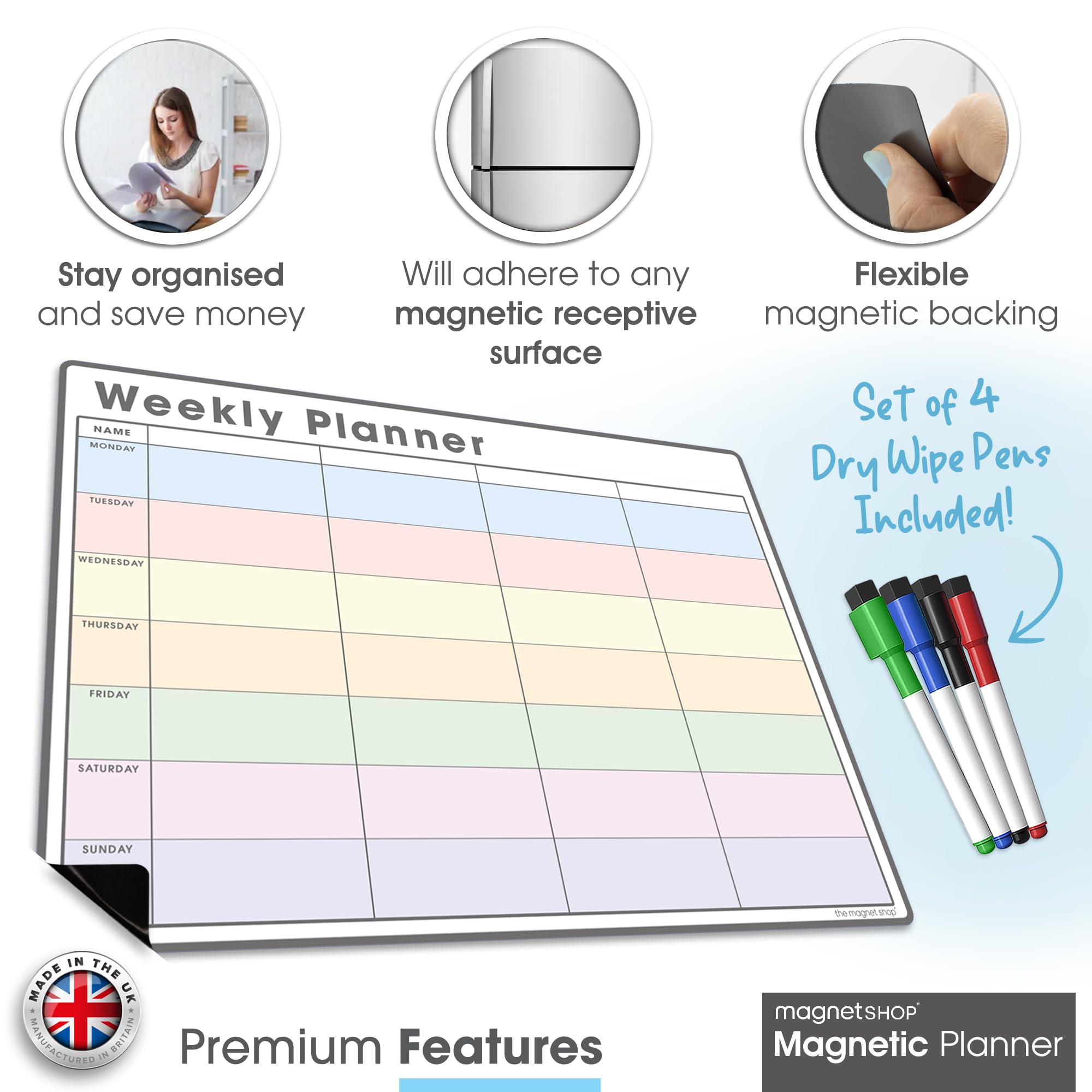 TMS Agenda semanal magnética A3 | Pizarra blanca personalizable para tareas y planificación de comidas | 4 bolígrafos magnéticos 42x30cm