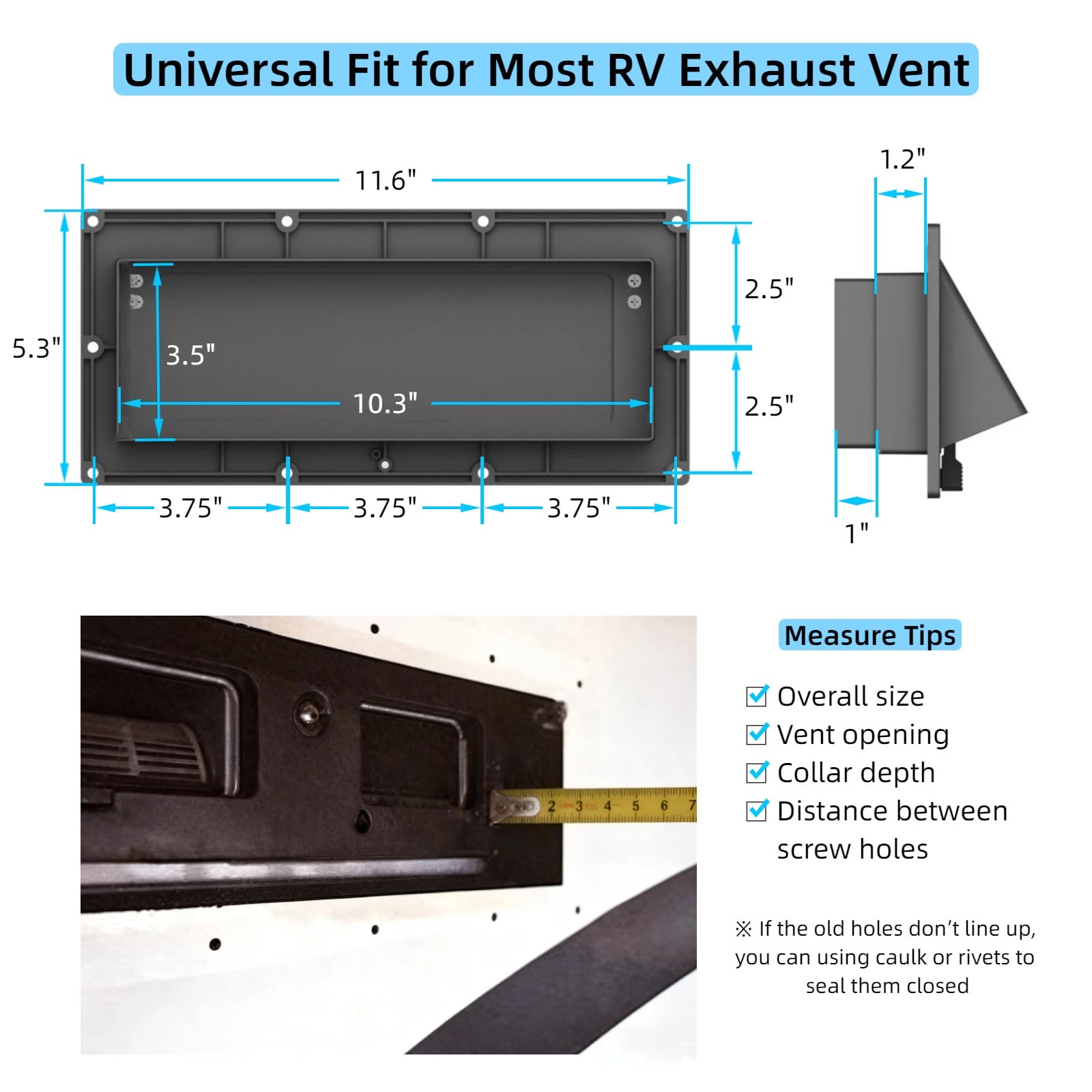 Cubierta de ventilación de aluminio para campana de escape de RV con cuello ajustable, amortiguador de bloqueo de profundidad, estufa, microondas, pared lateral, kit de repuesto para remolque,