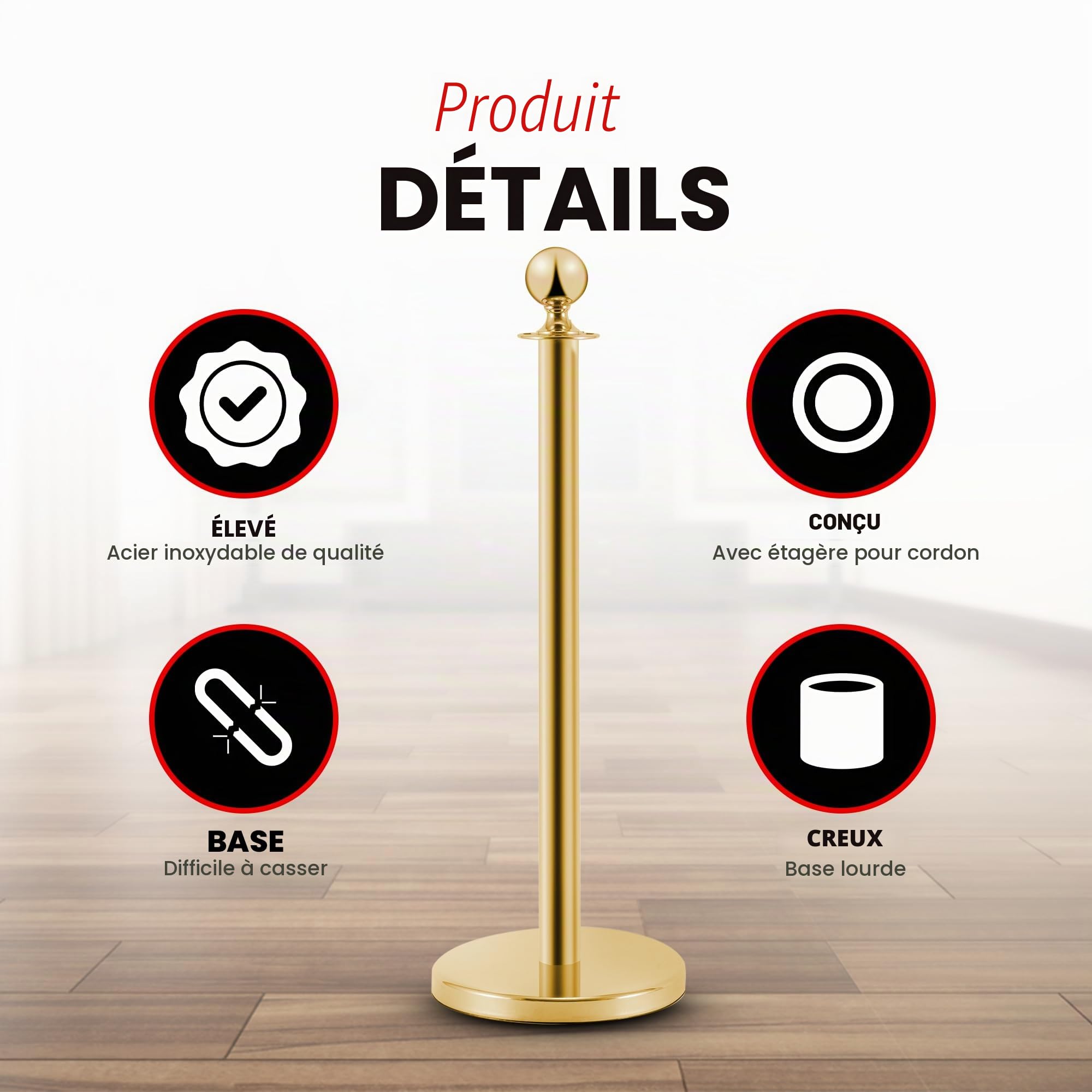 Poteaux intercalaires en acier inoxydable doré, 2 pièces, hauteur 90 cm, argenté avec corde en velours rouge de 1,5 m, connexion 4 voies, base de 31 cm de diamètre, contrôle de foules