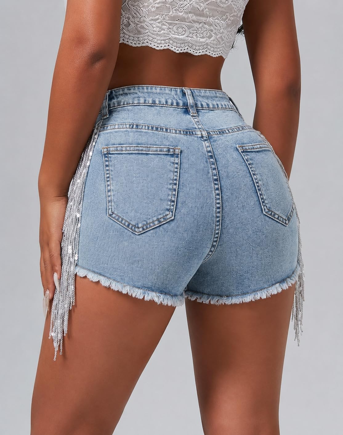 CYLADY Women High Waisted Denim Shorts Ripped Jeans Frayed Raw Hem Tassels Jean Shorts