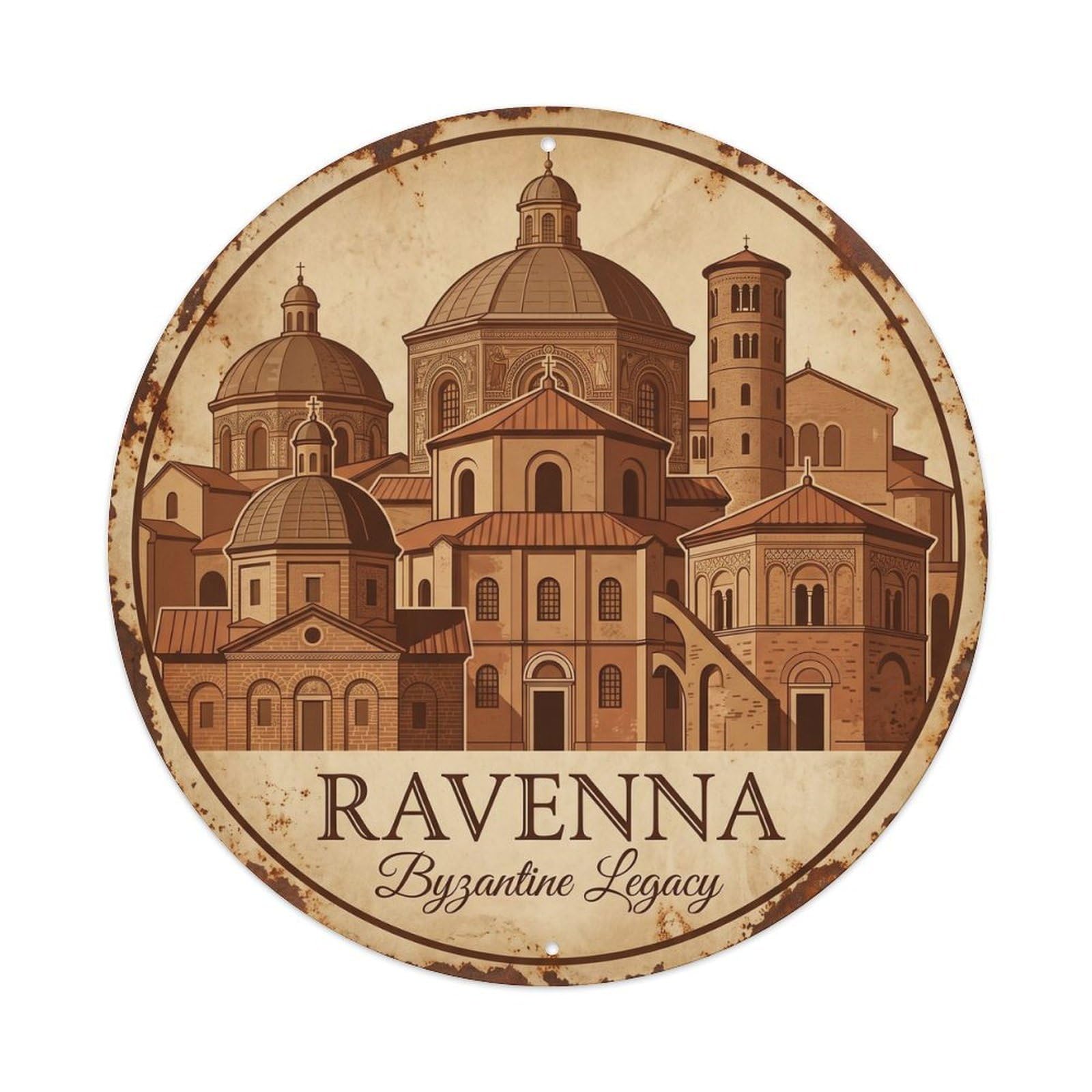 Vintage Travel Ravenna Monuments Italy Metal Tin Sign Plaque Wall Decor for Cafe, Club, Garden Round Metal Poster 8x8Inch