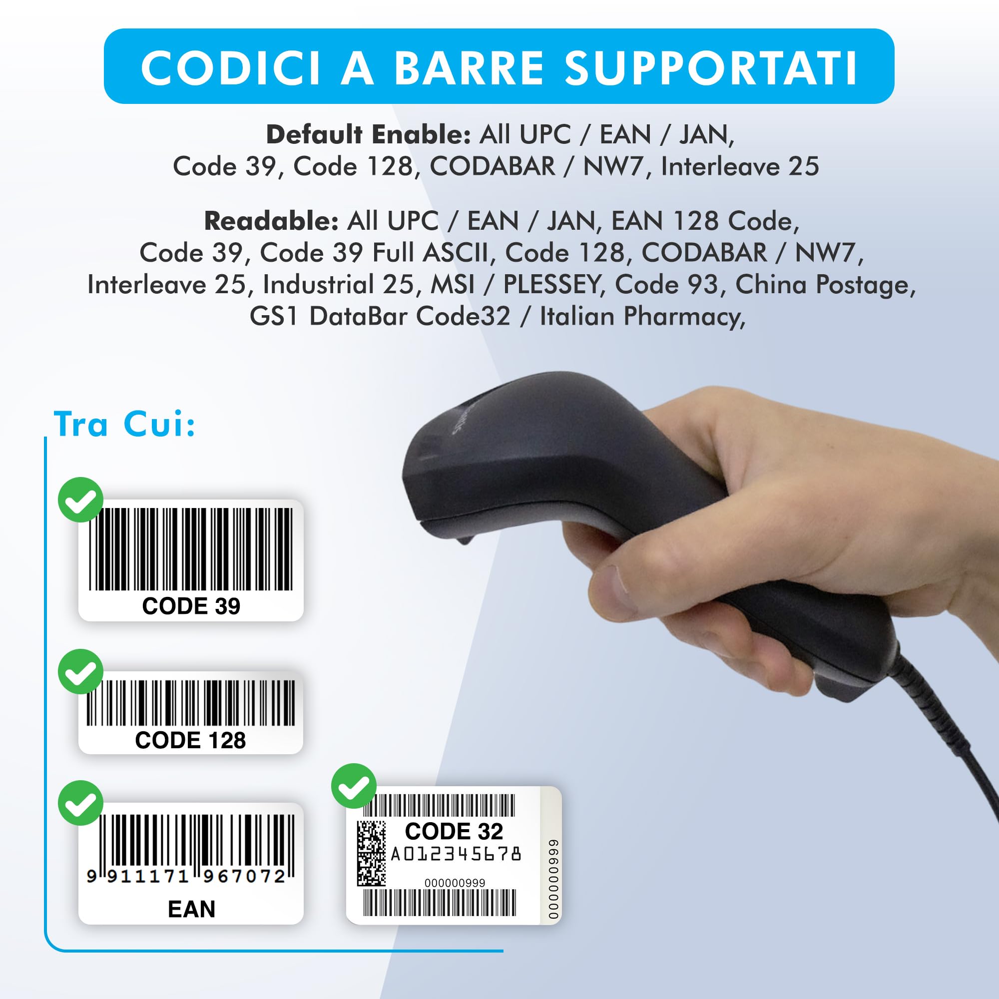 Atlantis A08-LN1100 Lettore Codici a Barre Barcode reader scanner 1D Ottico ad alta risoluzione 2500 pix, 100 scansioni sec, legge da smartphone, codice farmaceutico, collegamento USB, guida rapida.