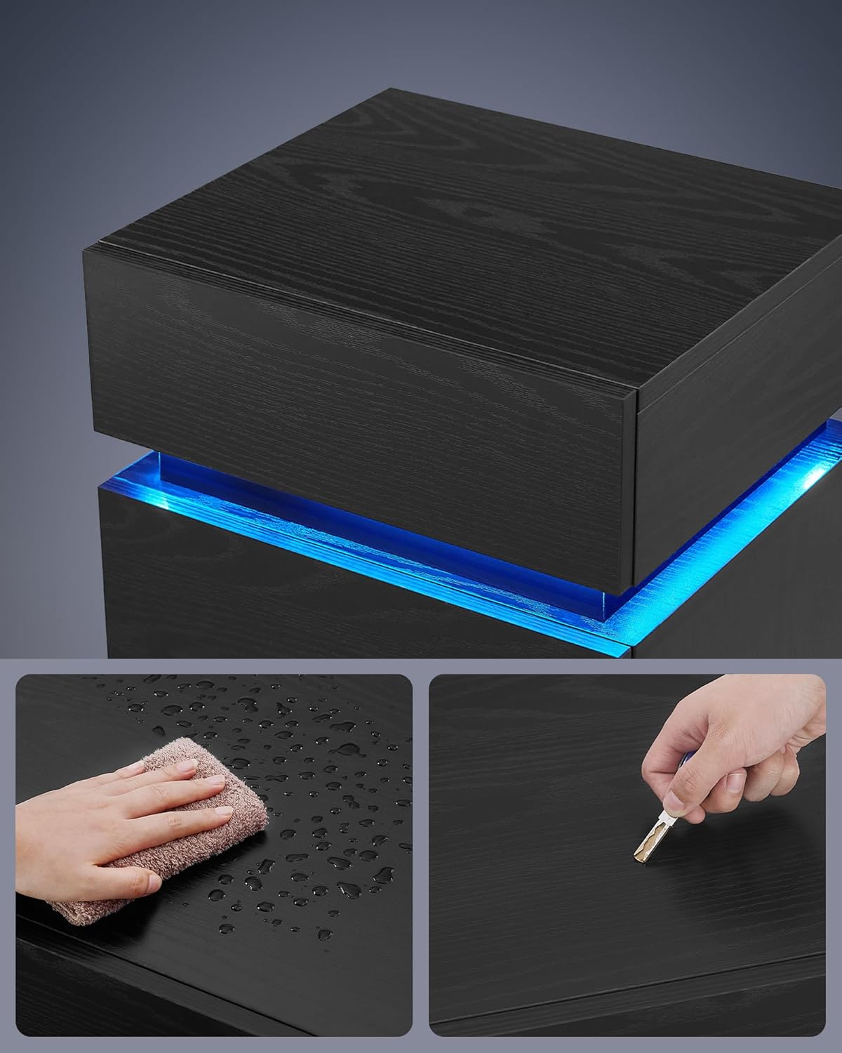 Two images: one showing a hand wiping the nightstand with a damp cloth, and another showing a key being used to demonstrate scratch resistance