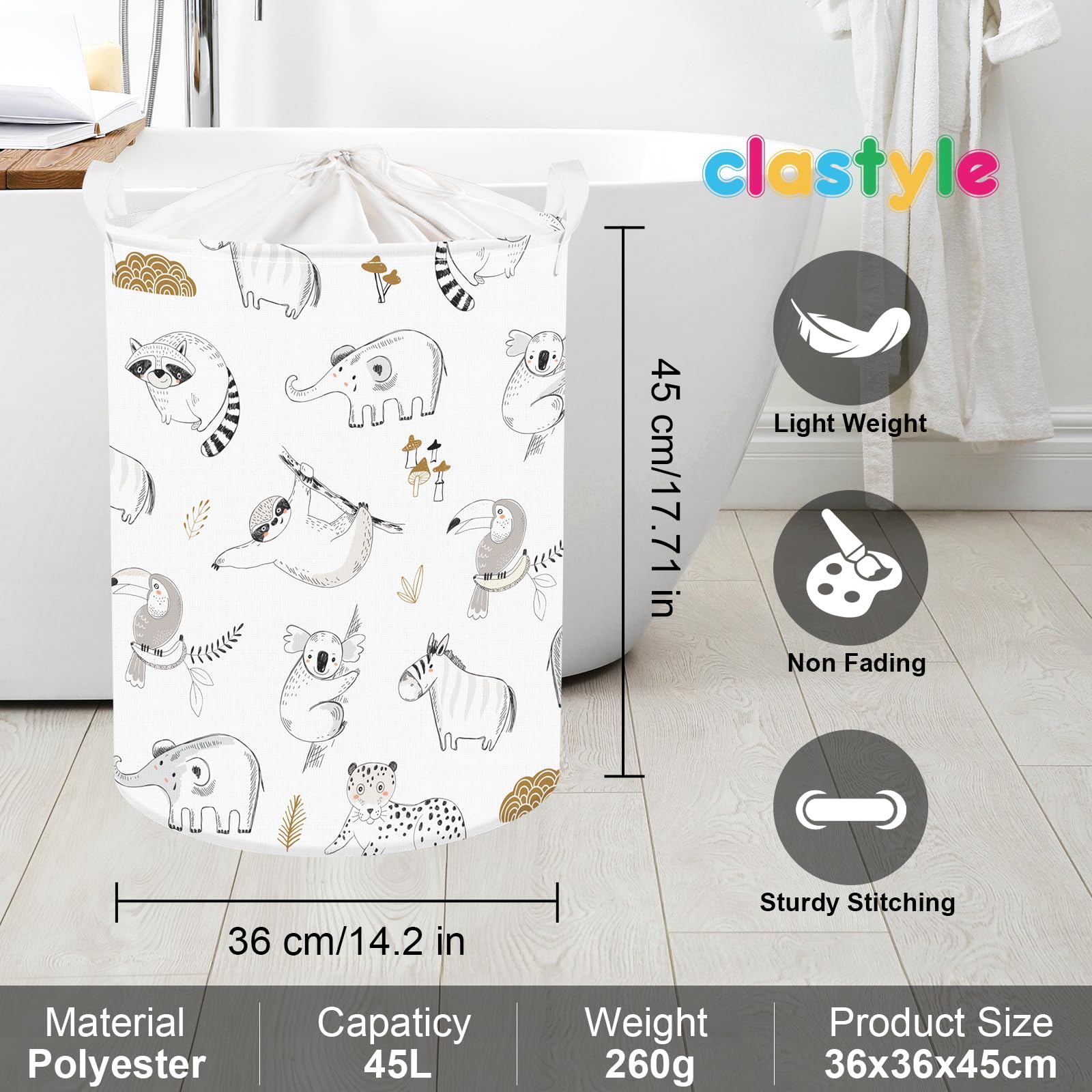 Clastyle 45L Kinder Wäschekorb Elefant Rund Weiß Spielzeug Kleidung Aufbewahrungskorb 36x45 cm