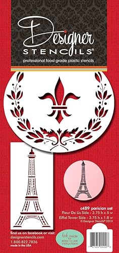 Designer Stencils Juego de plantillas para pasteles parisinos, (torre Eiffel - flor de li, corona), beigesemitransparente