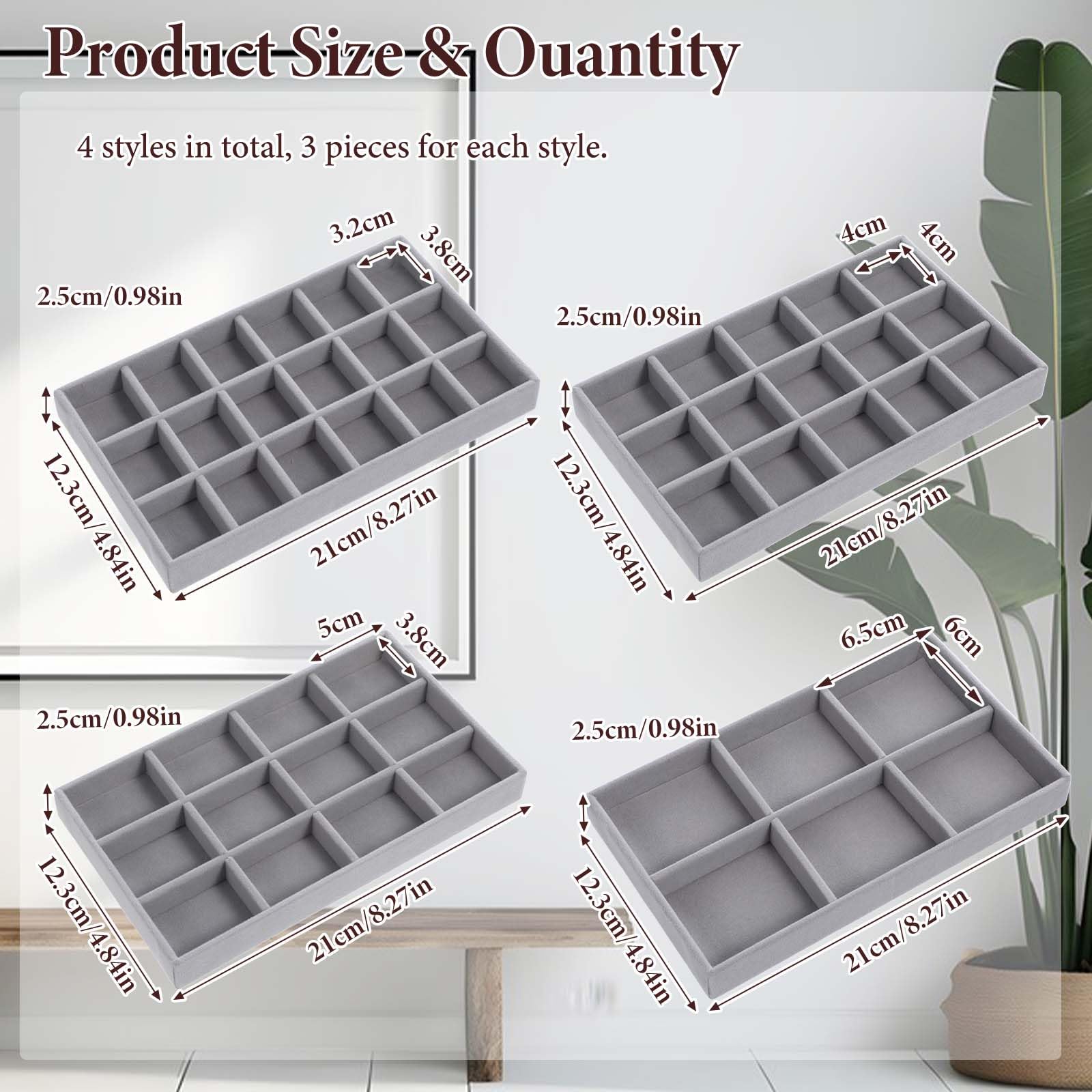DIVINA VITAE 12Pcs Velvet Jewelry Trays for Drawers, Divided Stackable Grid Jewelry Trays, Inserts Jewelrys Drawer Organizer for Earrings Rings Necklace Bracelets Storage Display(Grey, 4 Styles)