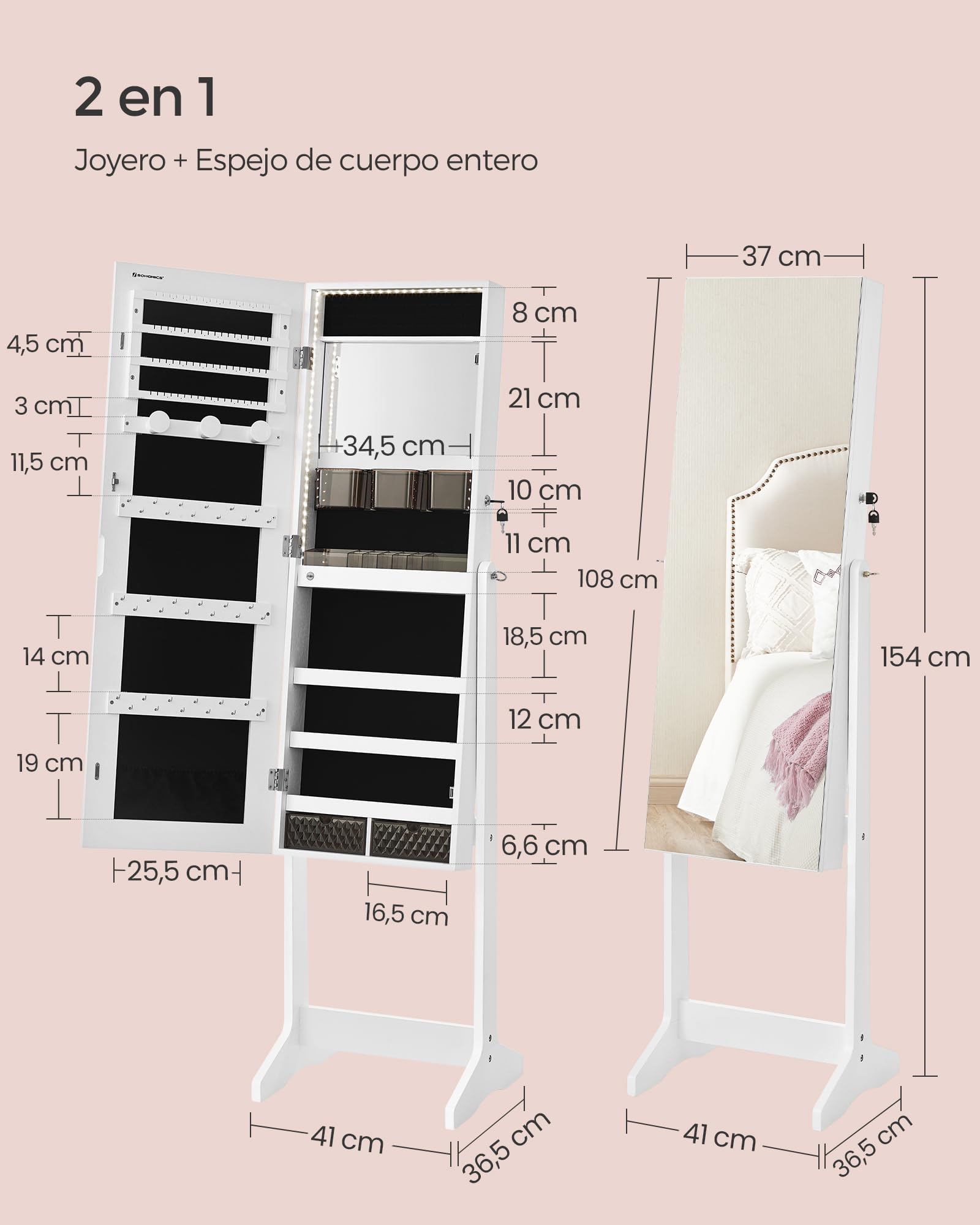 SONGMICS Armario Joyero con Espejo, Luces LED, 2 Cajones, Blanco Nube JJC023W01