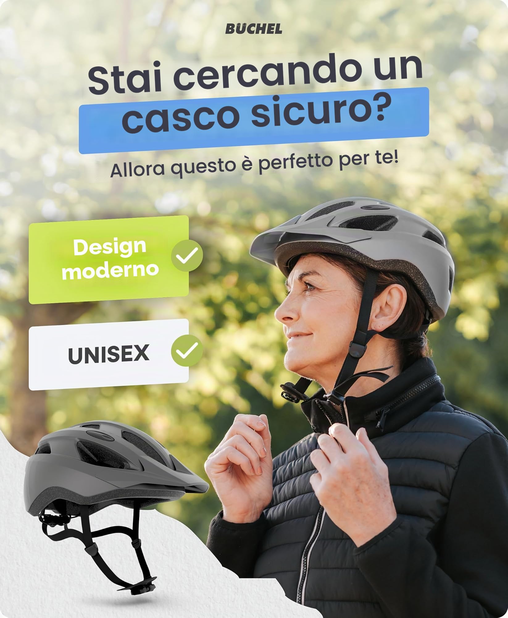 BÜCHEL Casco da bicicletta con tecnologia In-Mould e Cam Lock, casco per bambini, donne e uomini, con sottogola e rete anti-mosca lavabile, casco da bicicletta da 51-56 cm e 57-60 cm, nero, bianco
