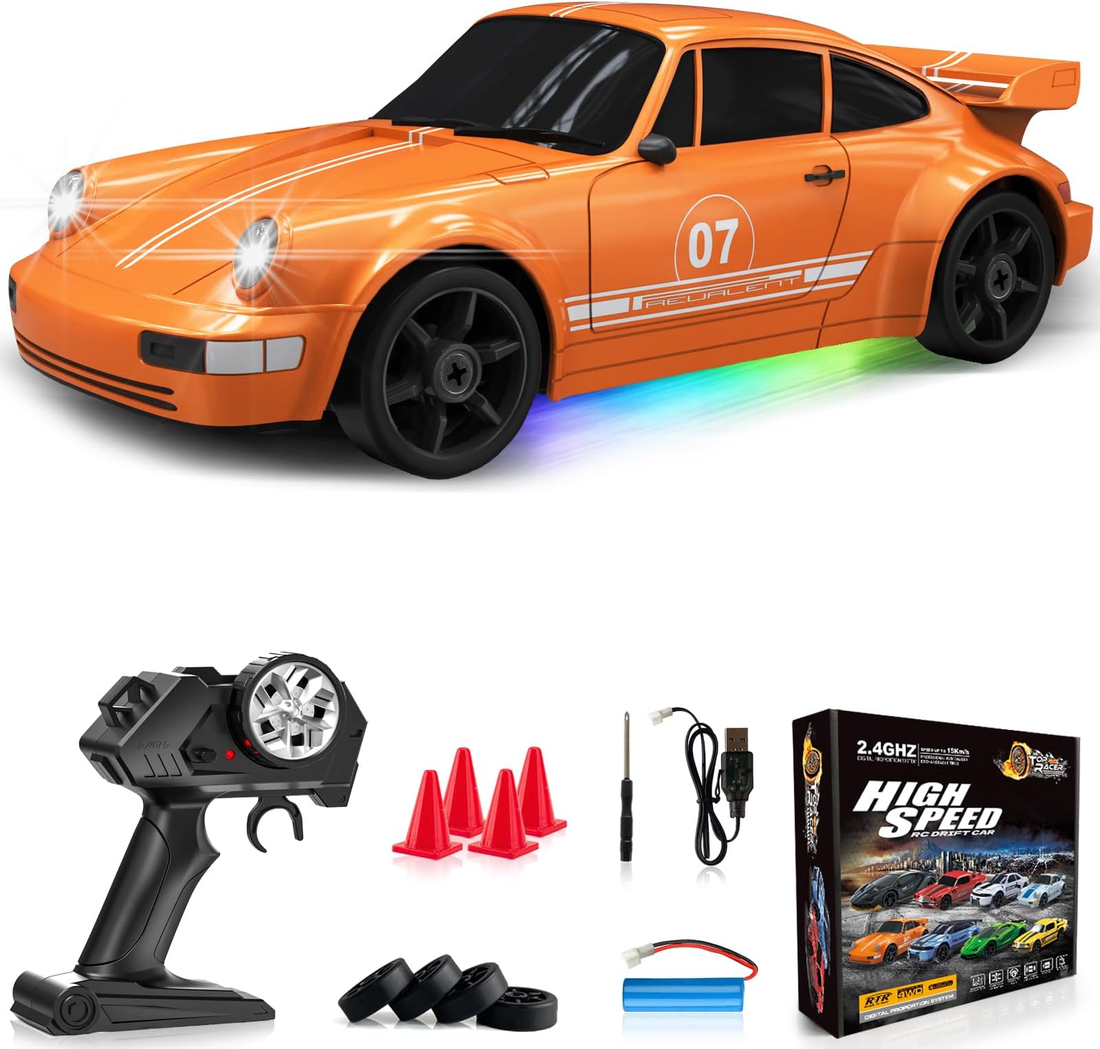 - RC Drift Car 1:24 Remote Control Car 4WD 15KM/H High Speed Racing Sport Car with LED Lights RC Cars Toy for Kids Boys Girls Adults Gifts Birthday Christmas Rechargeable Batteries