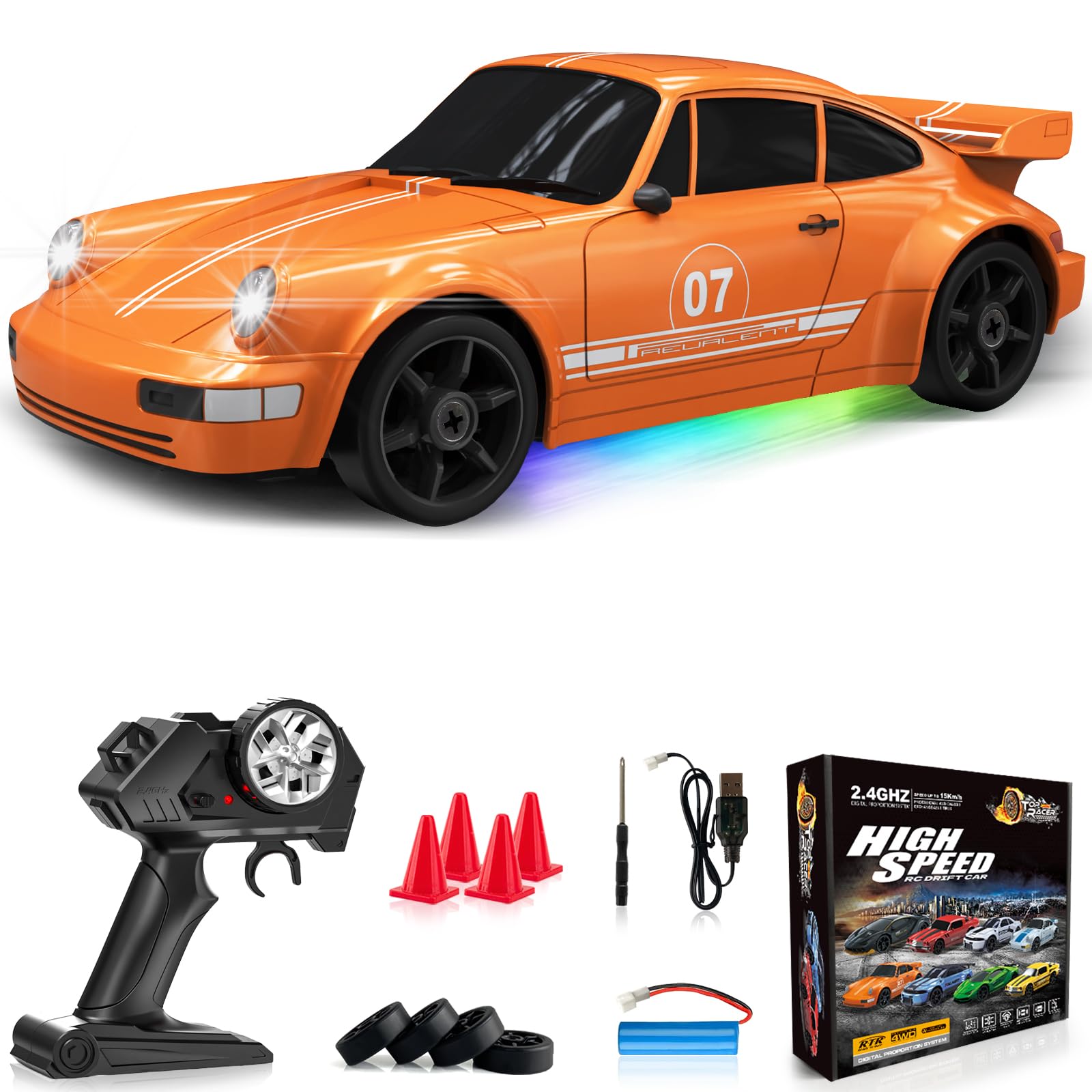 RC Drift Car 1:24 Remote Control Car 4WD 15KM/H High Speed Racing Sport Car with LED Lights RC Cars Toy for Kids Boys Girls Adults Gifts Birthday Christmas Rechargeable Batteries