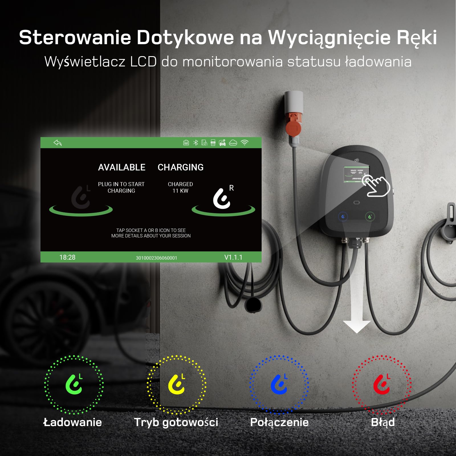 dé Podwójna stacja ładowania 2×11kW [7m+10m, 2×16A, trójfazowa] Wallbox 11kW z podwójnym kablem Typu 2, elektryczna ładowarka samochodowa sterowana aplikacją i ekranem dotykowym, do modeli Y/3 i