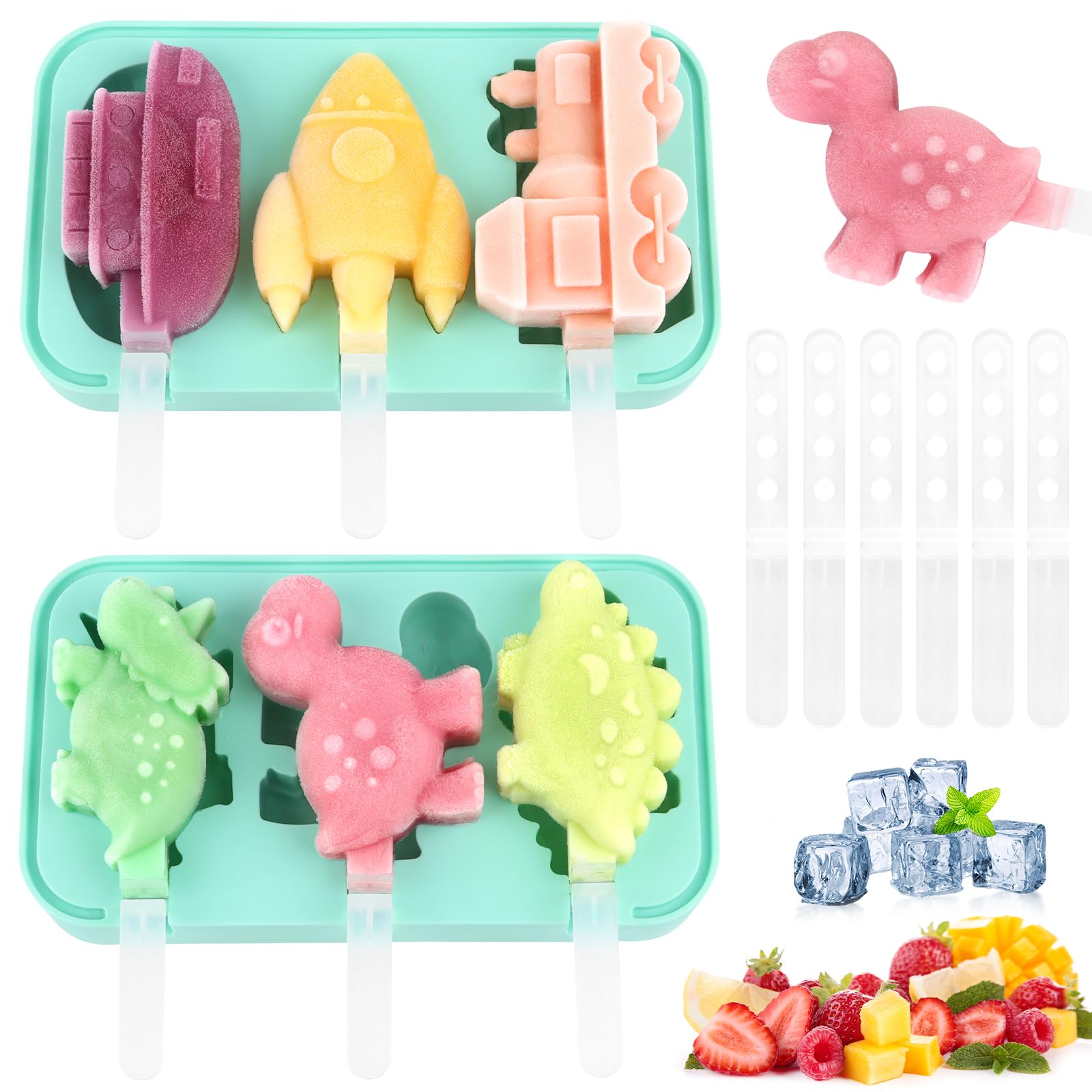 Moules à Glace Dinosaures & Animaux - 6 Motifs Réutilisables En Silicome Alimentaire - Pour Enfants Et Adultes
