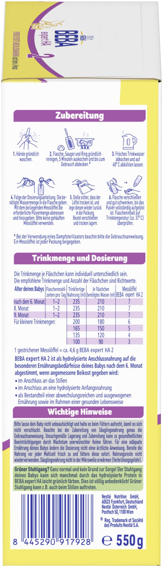 BEBA expert HA 2 - Folgemilch nach dem 6. Monat, Hydrolysierte Anschlussnahrung, Patentierets Produkt, Nur Laktose, Ohne Palmöl, Ohne Fischöl, Babynahrung, Baby-Milchpulver, 6er Pack (6 x 550g)
