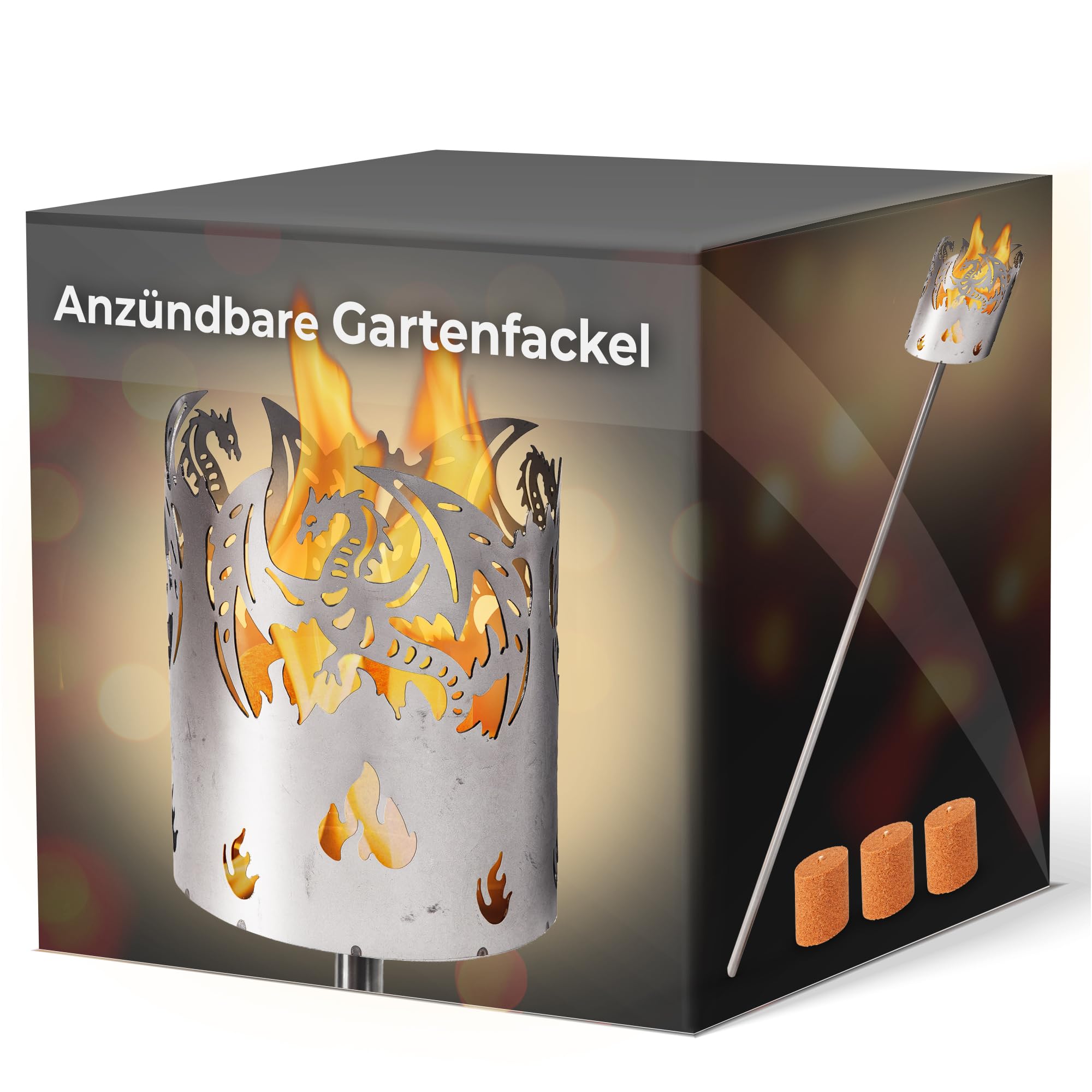 Gartenfackel für draußen Motiv Drache 3X Brennelemente - Holzspäne mit Wachs - Schwedenfackel Pelletfackel Feuersäule Flammschalen Wachsfackel Gartenleuchte