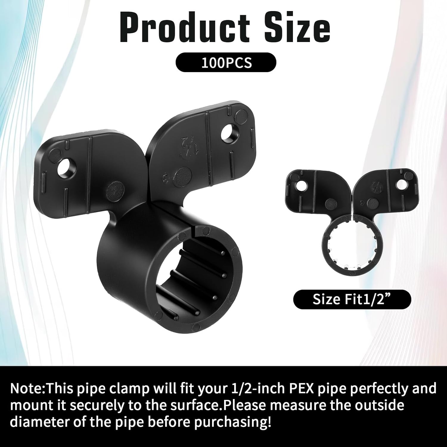 100 Pack 1/2 Inch Black Plastic Suspension Pipe Clamps, Butterfly Style Tubing Supports for PEX, Copper, CPVC Pipe, Easy Installation