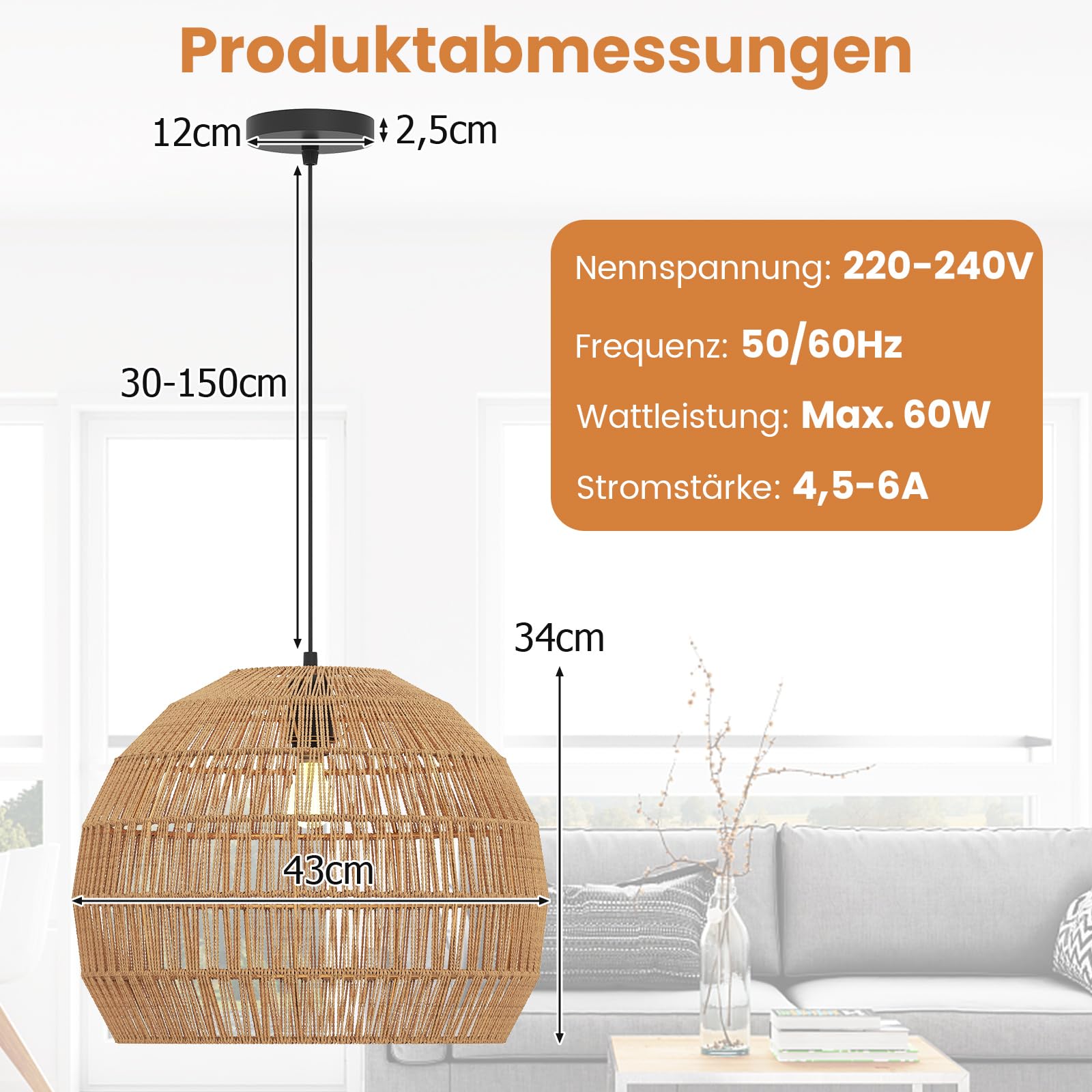 GOPLUS Hängelampe, Boho Pendelleuchte Esstisch, Deckenleuchte mit E27 Fassung, verstellbarer Aufhänghöhe Hängeleuchte, Pendellamp für Küche, Wohnzimmer, Schlafzimmer, Lichtquelle nicht enthal (Kaffee)