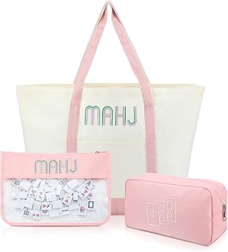 Shinylin 3 Pcs Empty Mahjong Tile Bags with Zipper Set Embroidered Mahjong Canvas Carrying Tote PVC Bag Nylon Pouch for WomenPink