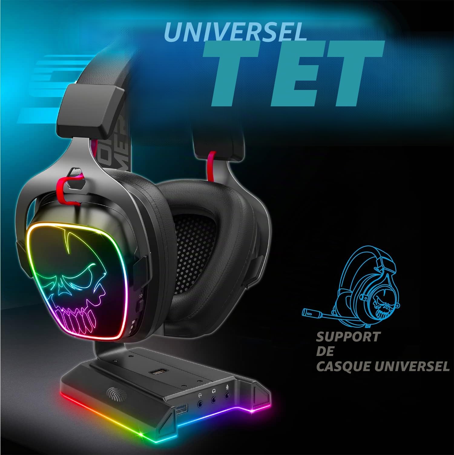 Spirit Of Gamer | Support Casque Gamer RGB en Métal | Son 7.1 Virtuel | Socle Antidérapant & Lumineux | 2 Ports USB Inclus | Rétroéclairage LED | Repose Casque Audio pour Bureau | Gaming Headset Stand