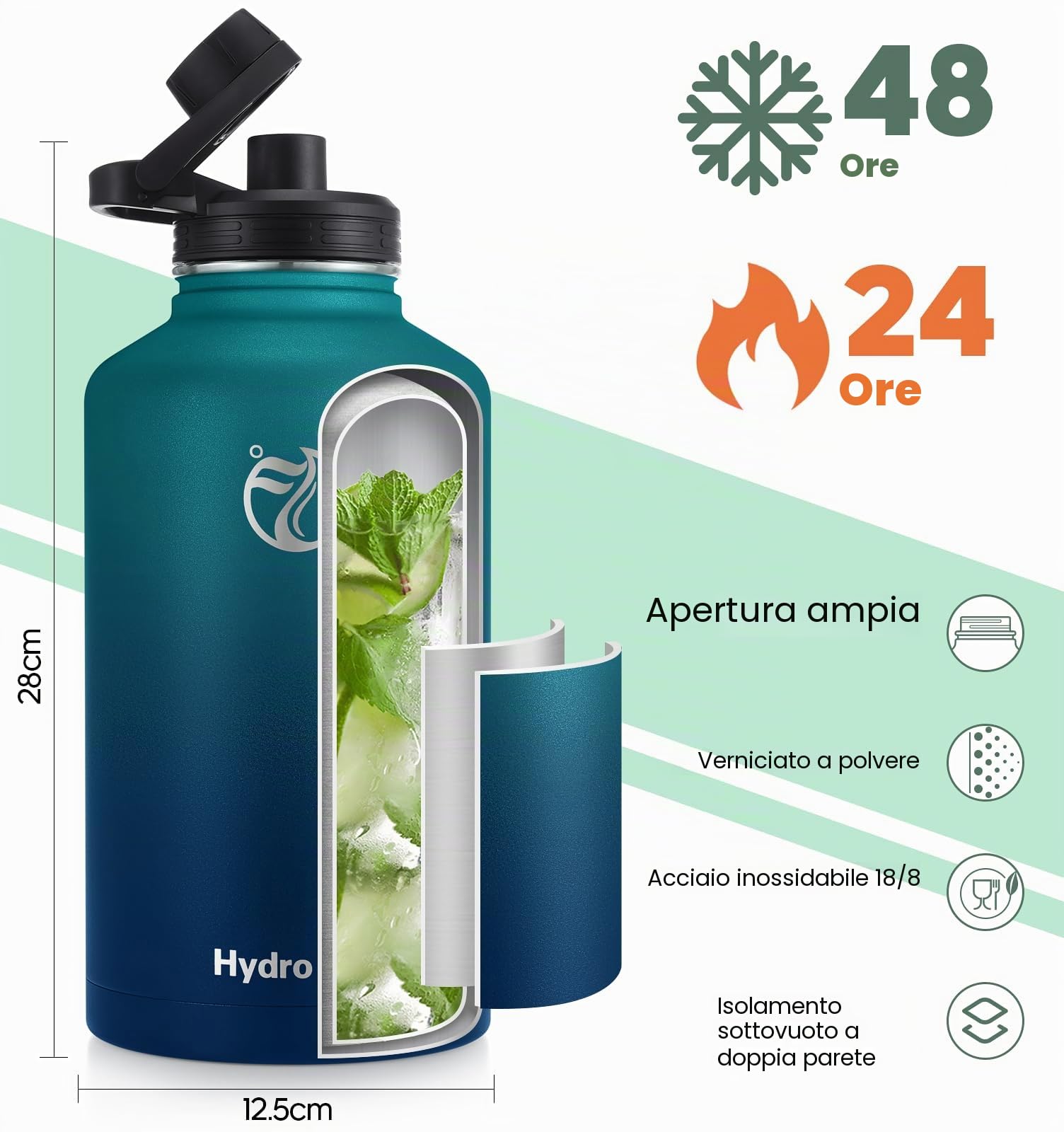 Hydropal Borraccia Termica in Acciaio Inox, Borraccia con Cannuccia 500ml/750ml/1L/1.2L/1.9L, Bottiglia Termica Doppia Parete per Bevande Calde e Fredde, Thermos Senza BPA per Scuola, Sport, Palestra