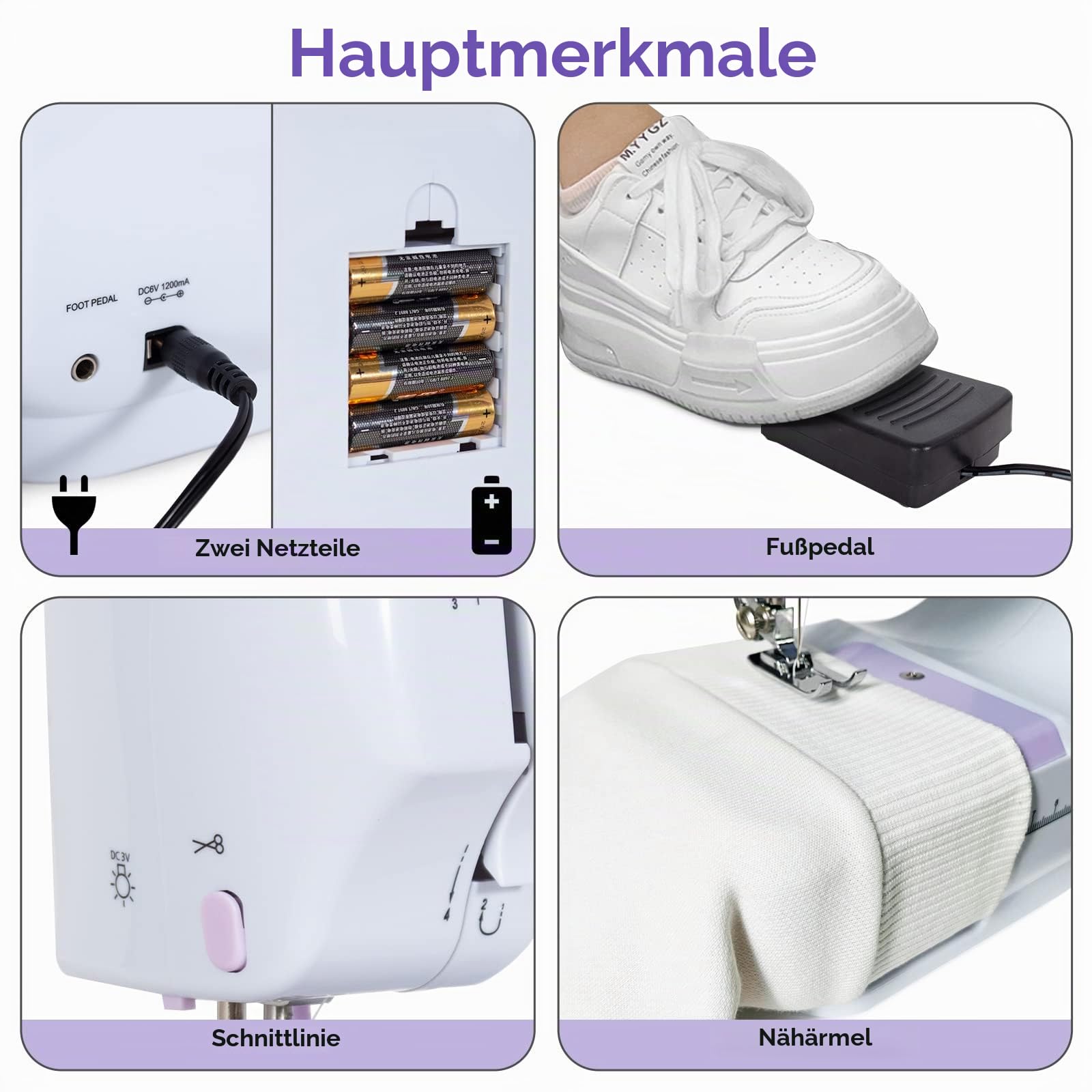 Todeco Nähmaschine für Anfänger und Kinder, 12 Stichmuster, Nähmaschine Klein mit Fußpedal Nählicht Elekt, mit Nähset (Lila)
