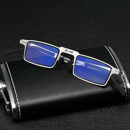VRUNDAVAN CARE foldable Metal frame Rectangular Blue Block Glasses for Clear Vision, Powered Reading Glasses with Durable Polycarbonate Frame, Transparent Blue Glasses for Men and Women
