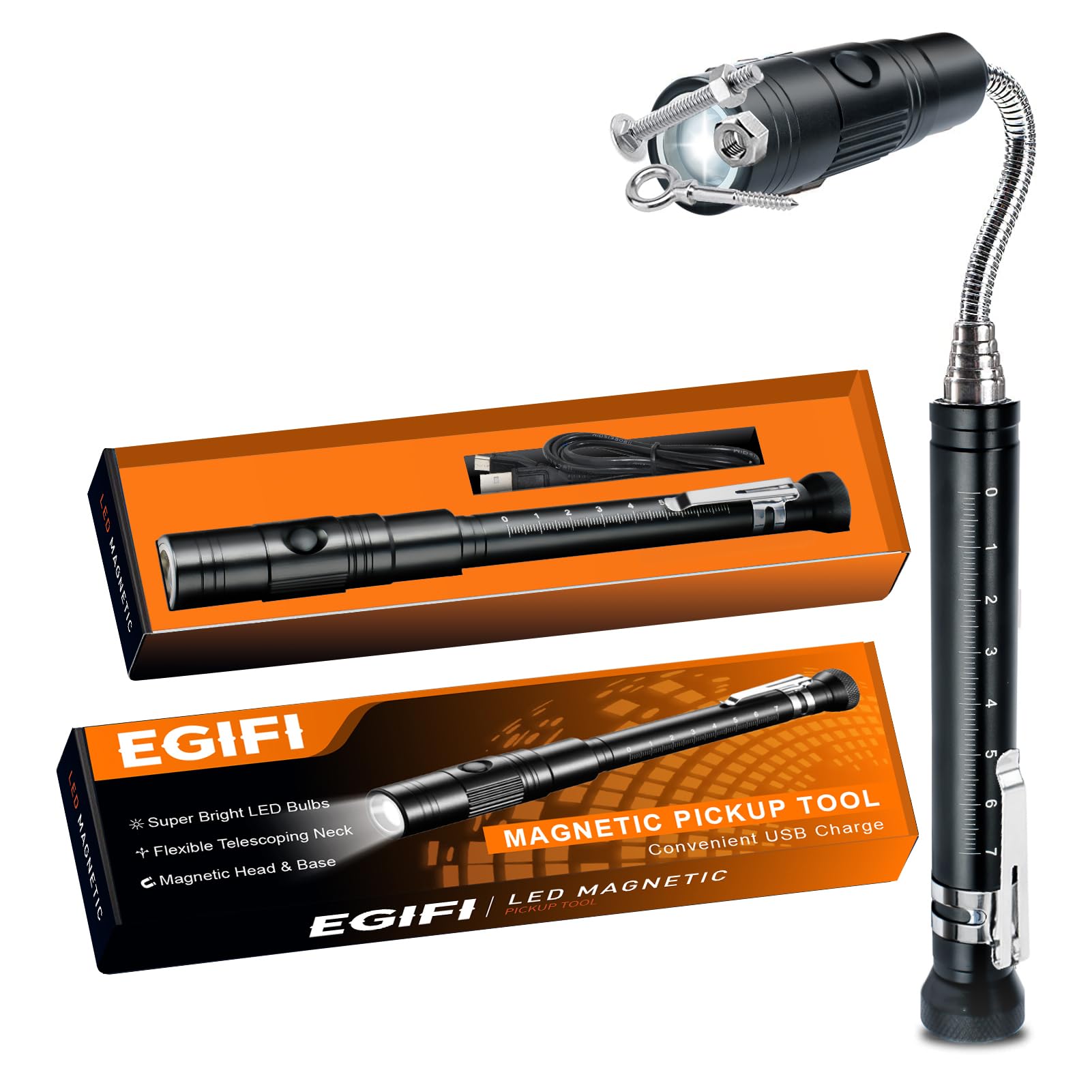 EGIFI Stocking Stuffers for Men, Rechargeable Magnetic Pickup Tool, Telescoping Magnetic Flashlight Pick Up Tool, Cool Christmas Birthday Gifts for Men, Dad, Husband, Boyfriend