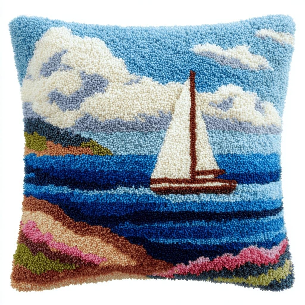 Latch Hook Pillow Kit For Adults,Sailboat 17X17In Latch Hook Kit For Pillow Cover With Instruction For Beginner Cross Stitch Sofa Cushion Cover With Crochet Yarn For Beginners And Home Decor