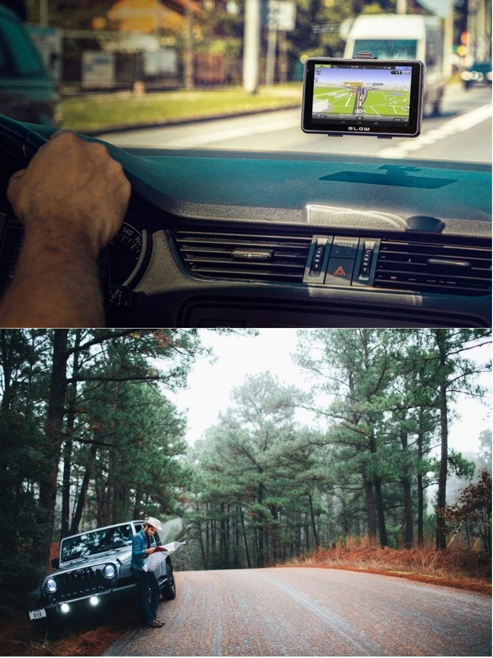 BLOW GPS device mounted on a car dashboard, visible from the driver's perspective.