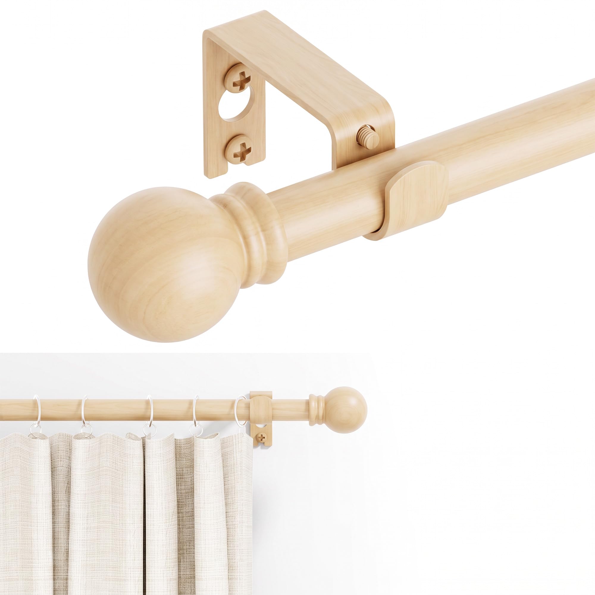 GXOACKJ Curtain Rods for windows 32-48 inch, 5/8 inch Decorative light natural wood Splicing Heavy Duty Metal Curtain Rod set with Brackets