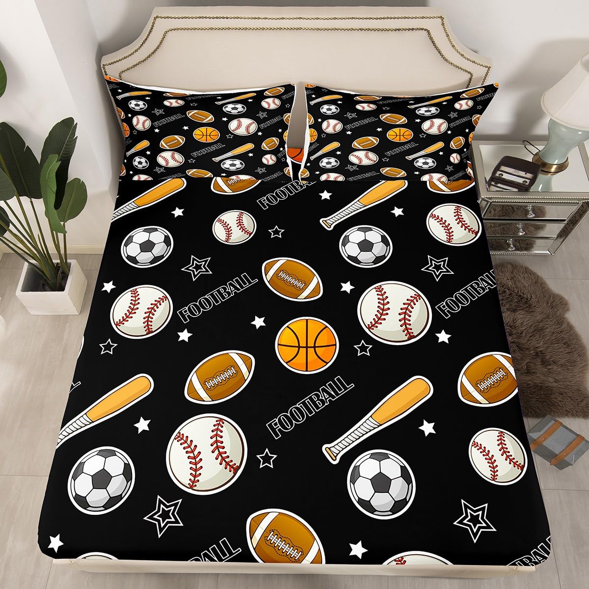 Football Boys Fitted Sheets Twin Size,Baseball Basketball Bedding Sets 2Pcs for Kids Teens Men Room Decor,Ball Sport Theme Bed Sheets Modern Black Deep Pocket Sheet,1 Pillowcase