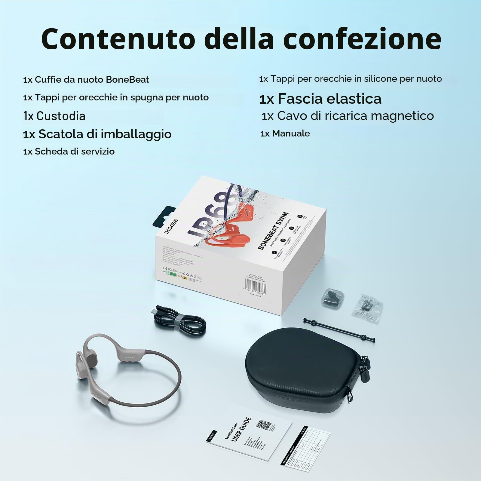 Cuffie Conduzione Ossea IP68 Impermeabili per Nuoto, Auricolari Sportive Bluetooth 5.4, MP3, 32GB, Comodo Silicone, Open-Ear per Corsa, Ciclismo, Palestra,Grigio