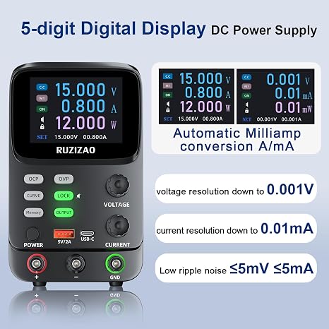 Bench Power Supply Variable 30V 10A,Double Curve 5 Digit LCD Display 0.01mA Milliamp Current Display Hyperbolic Encoder DC Power supply with OCP/OVP Storage Function Power Supplies