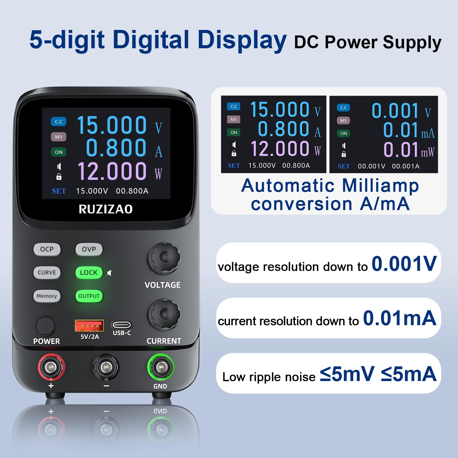 Alimentatore da laboratorio variabile 30 V 10 A, alimentatore da tavolo regolabile DC con grafico curvo, memoria, OCP/OVP, uscita, blocco, dispositivi di alimentazione da laboratorio con