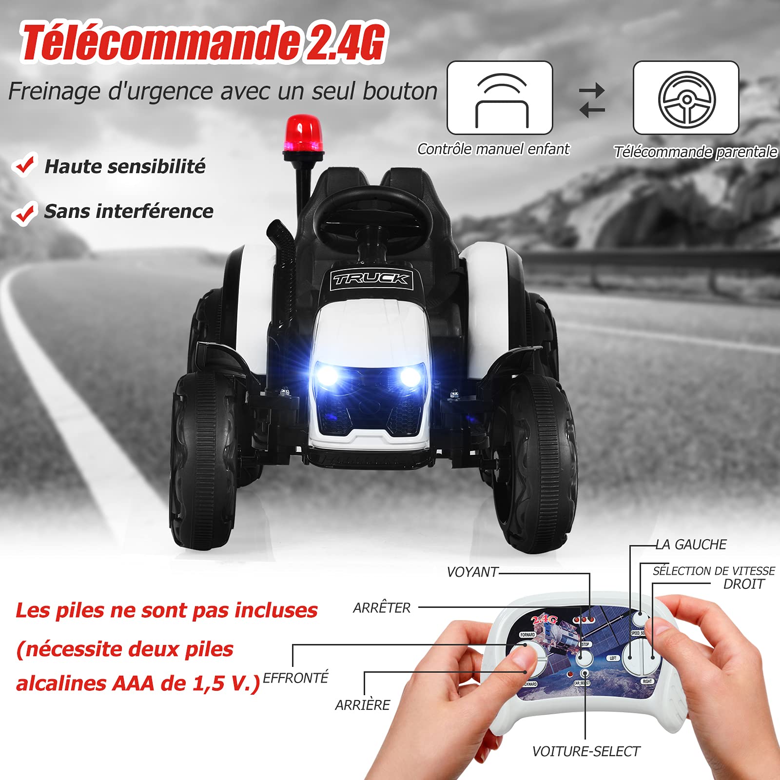 GOPLUS Tracteur Électrique avec Remorque, Voiture Véhicule Électrique pour Enfants 12V 7Ah avec Télécommande 2,4G, Enfants de 3 à 8 Ans avec Lumières, Musique (Blanc)