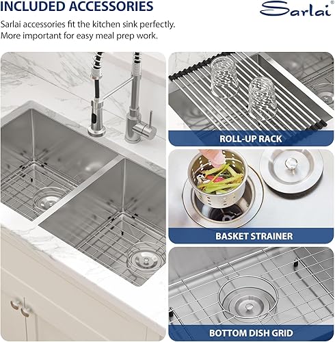 Vista 67 de Sarlai Fregadero doble de 33 piezas para empotrar - Fregadero de cocina de 33 x 19 pulgadas, acero inoxidable de calibre 16, esquina redonda, doble