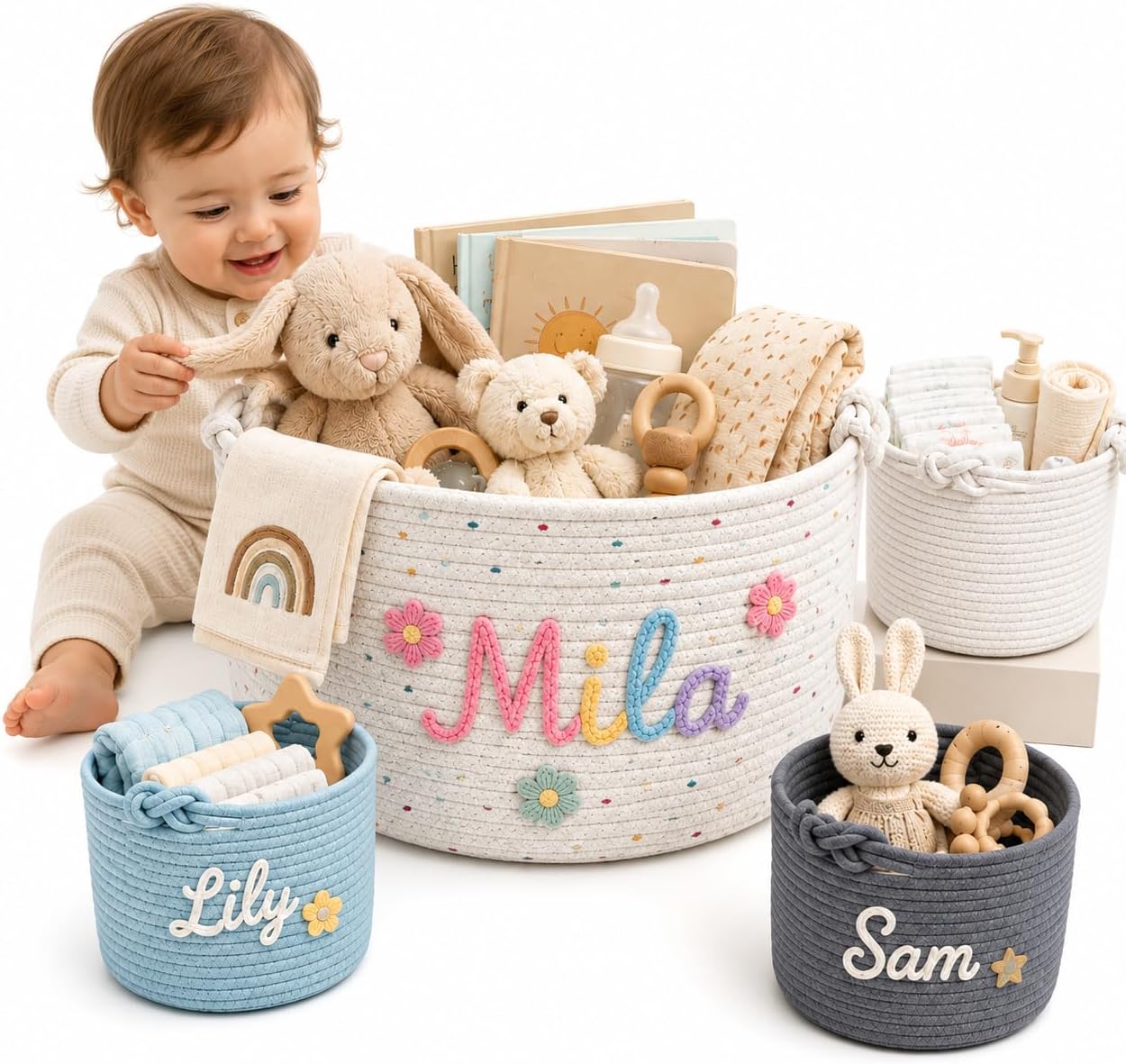 Personalized Baby Basket with Name, Nursery Storage Organizer, 3 Sizes