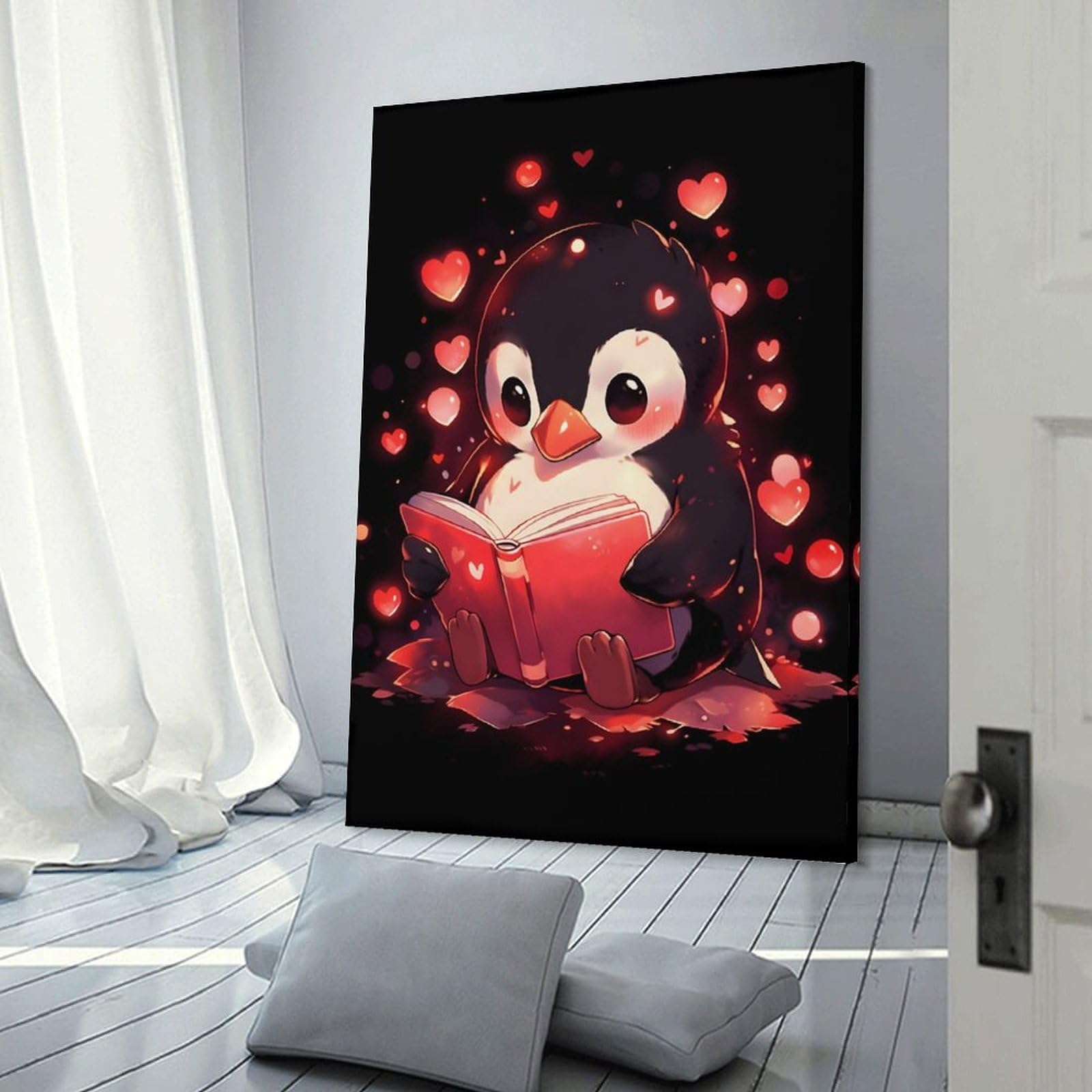 Junmoney Penguin Hearts Books Home Decor Wall Art, 24x36inch(60x90cm), for Apartment Walls, Studios Or Work Areas, Decorative Canvas Decor for Home Updates