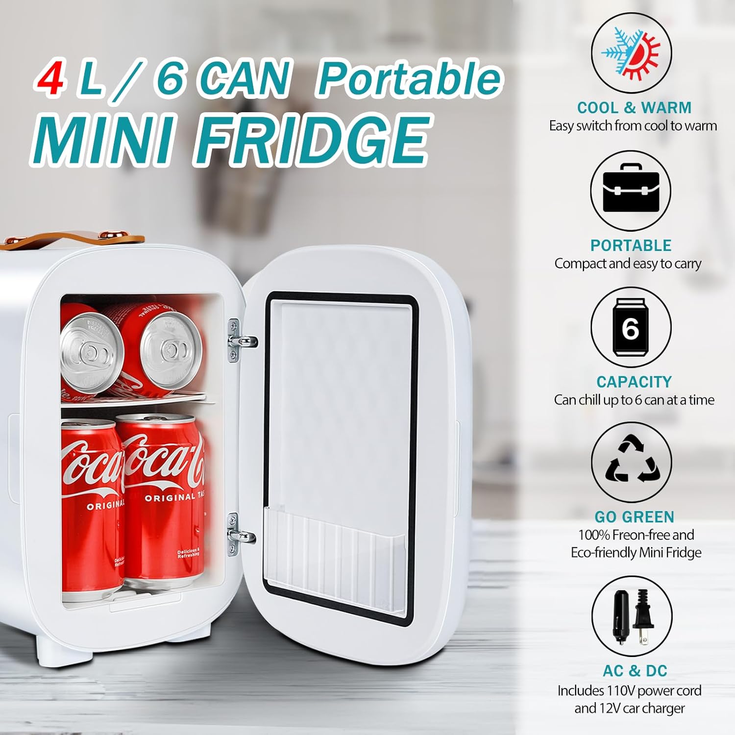 CAYNEL Mini Fridge Portable Thermoelectric 4L/6 Can AC/DC Cooler and Warmer for Skincare,Food,Beverage,Beauty & Makeup small Feidge for Bedroom,Car and Office (White)