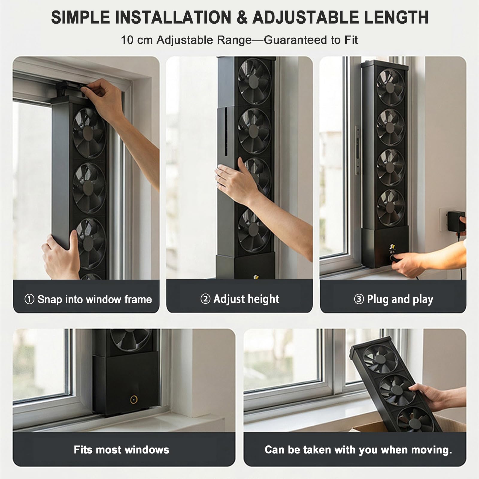 Extrem Leiser Fensterlüfter Mit Ausziehbarem Rahmen, Geräuschpegel Unter 35 Db, Werkzeuglose Montage, Stufenlose Geschwindigkeitsregelung Für Schlafzimmer, Wohnmobil Und Küche black 59*69cm