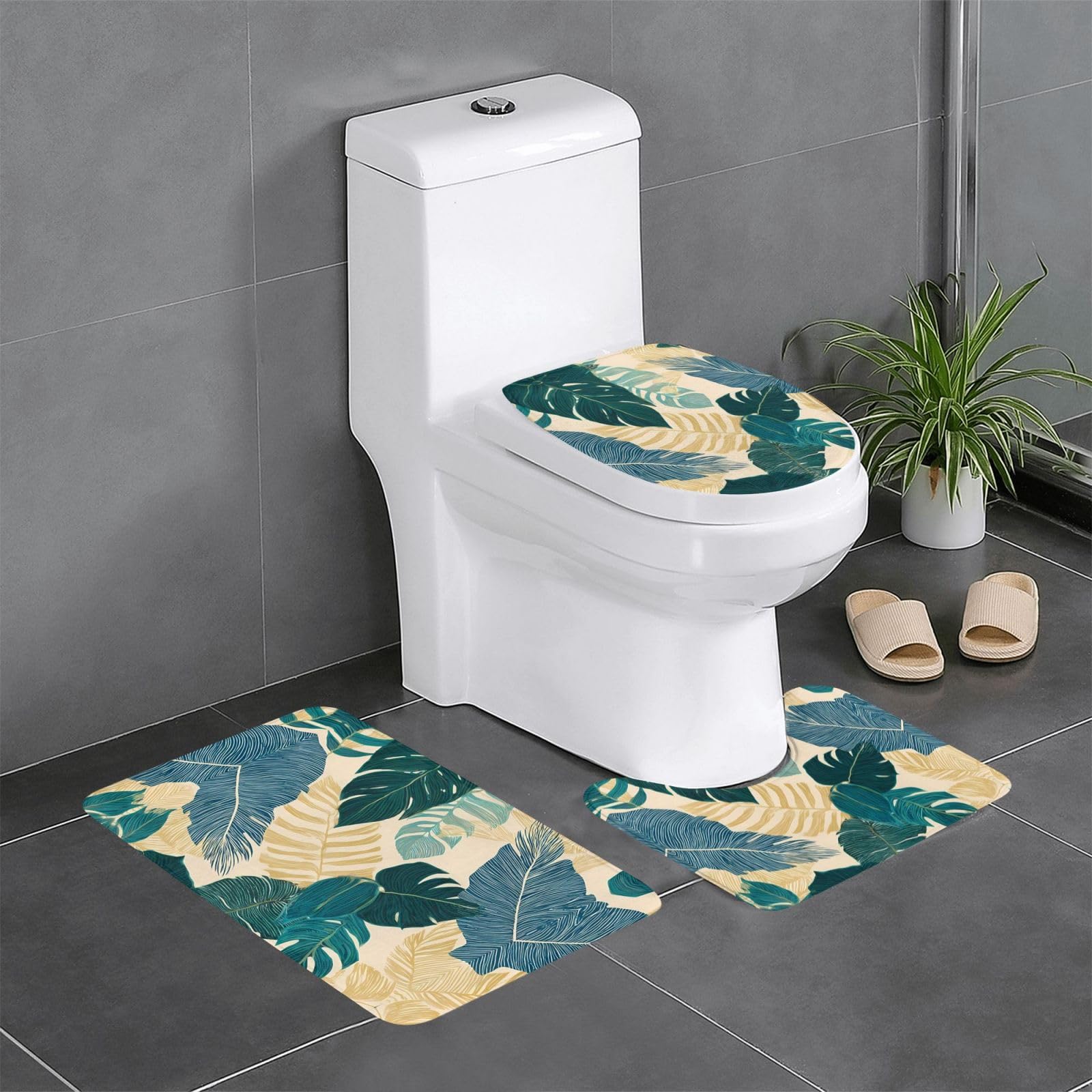 Tapis de salle de bain lot de 3 imprimé vert 61x40 cm lavable pour sol toilette