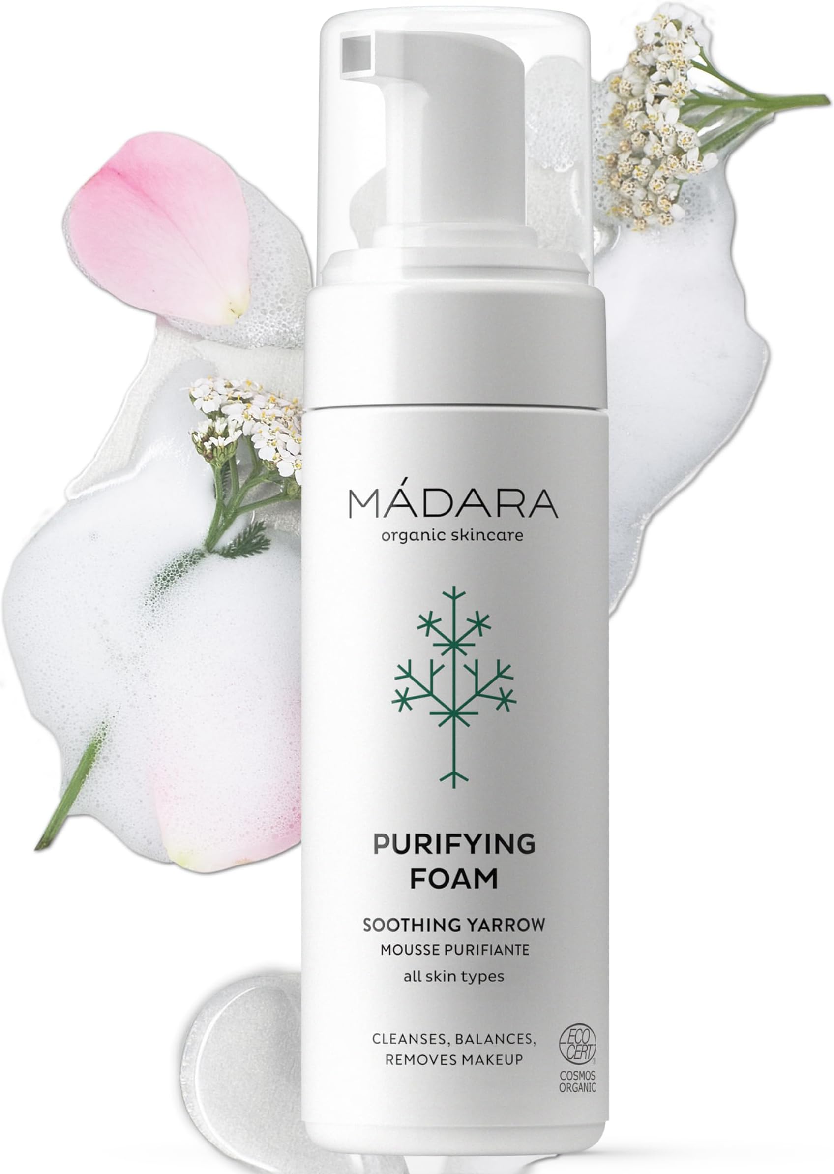 MÁDARA Organic Skincare | Purifying Foam – 150 ml, Moisturising formula with Northern Yarrow extract, Gentle foaming cleanser, Removes makeup and impurities, COSMOS Organic certified.