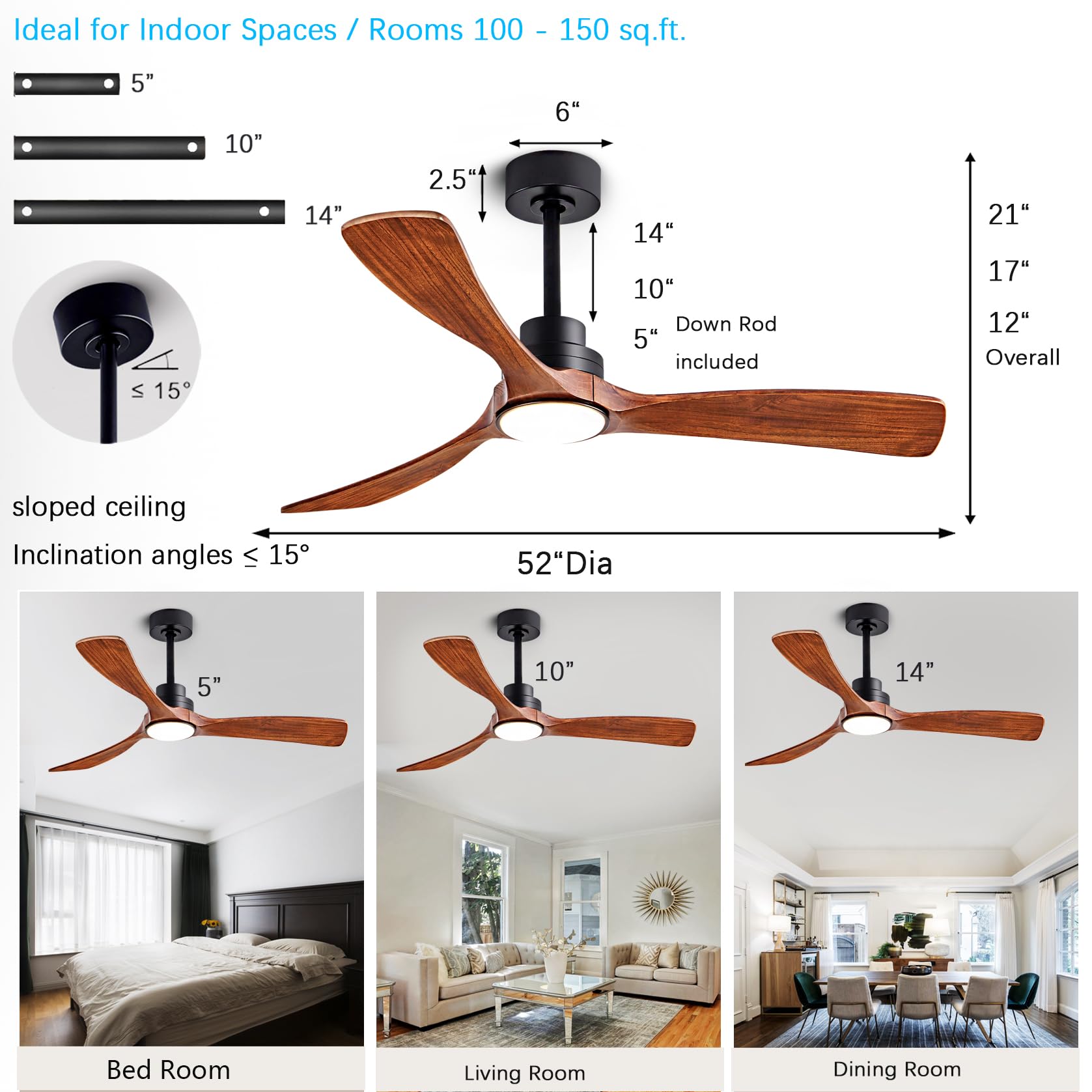 52 Inch Wood Ceiling Fans with Lights and Remote Control Indoor Memory Dimmable Light 3 Blades Noiseless Reversible — view 4