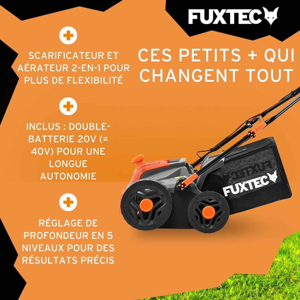 FUXTEC Aérateur à batterie 40 V FX-E2VE38SET - 2 en 1 Aérateur et Scarificateur, Largeur 38 cm, Panier 45 L, 2 piles incluses