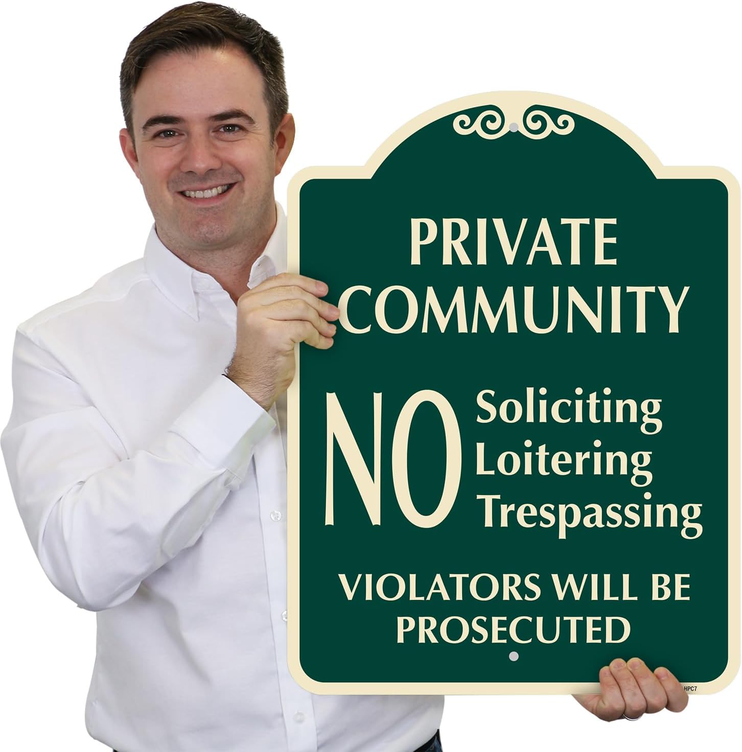 SmartSign Designer "Private Community - No Soliciting Loitering Trespassing, Violators Will Be Prosecuted" Sign, 18" x 24", 120 mil Aluminum Composite (ACM) with Overcoat, Green, Made in USA
