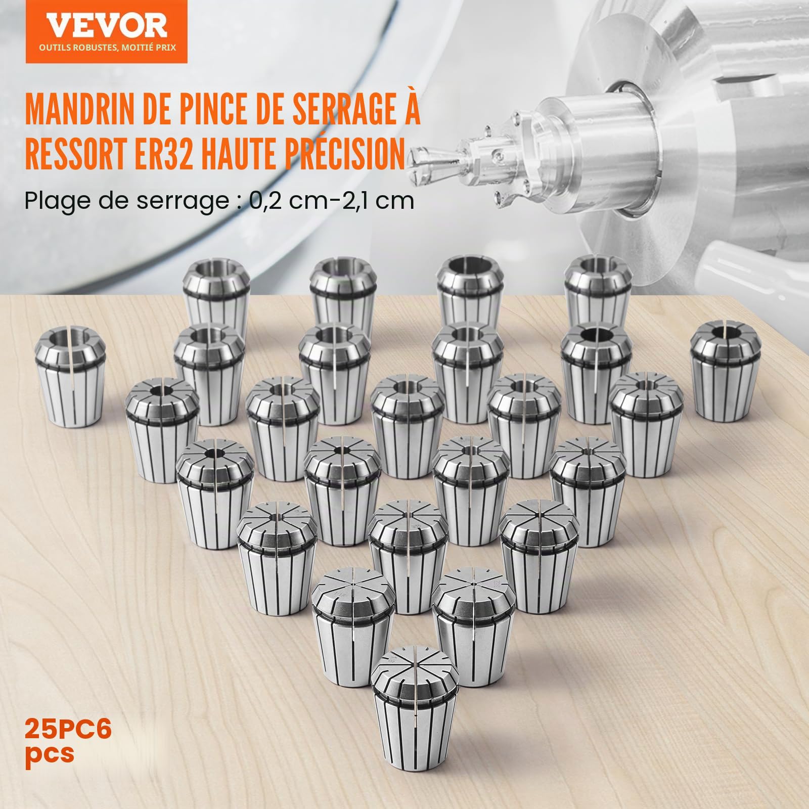 VEVOR Pinces de Serrage à Ressort ER32 25PCS 1/16"-13/16" 1,6-20,6 mm TIR 0,0006" 15 μm avec 25 Boîtes de Rangement Étiquetées pour Machine de Gravure CNC, Fraiseuse, Outil de Tour, Perceuse, Presse